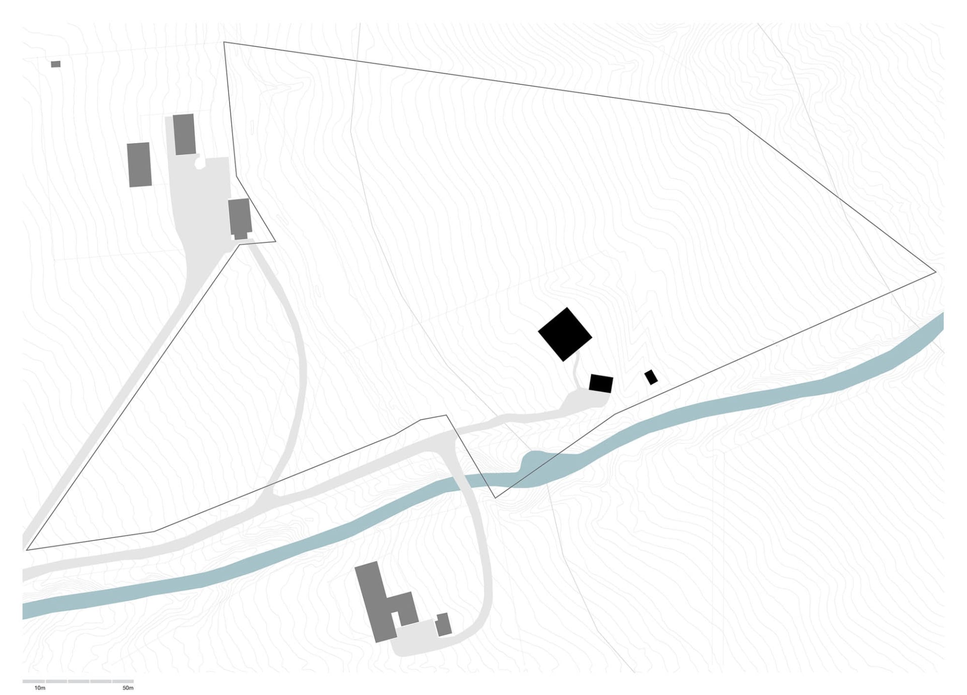 A technical drawing with topographic lines and structures showing a site layout.