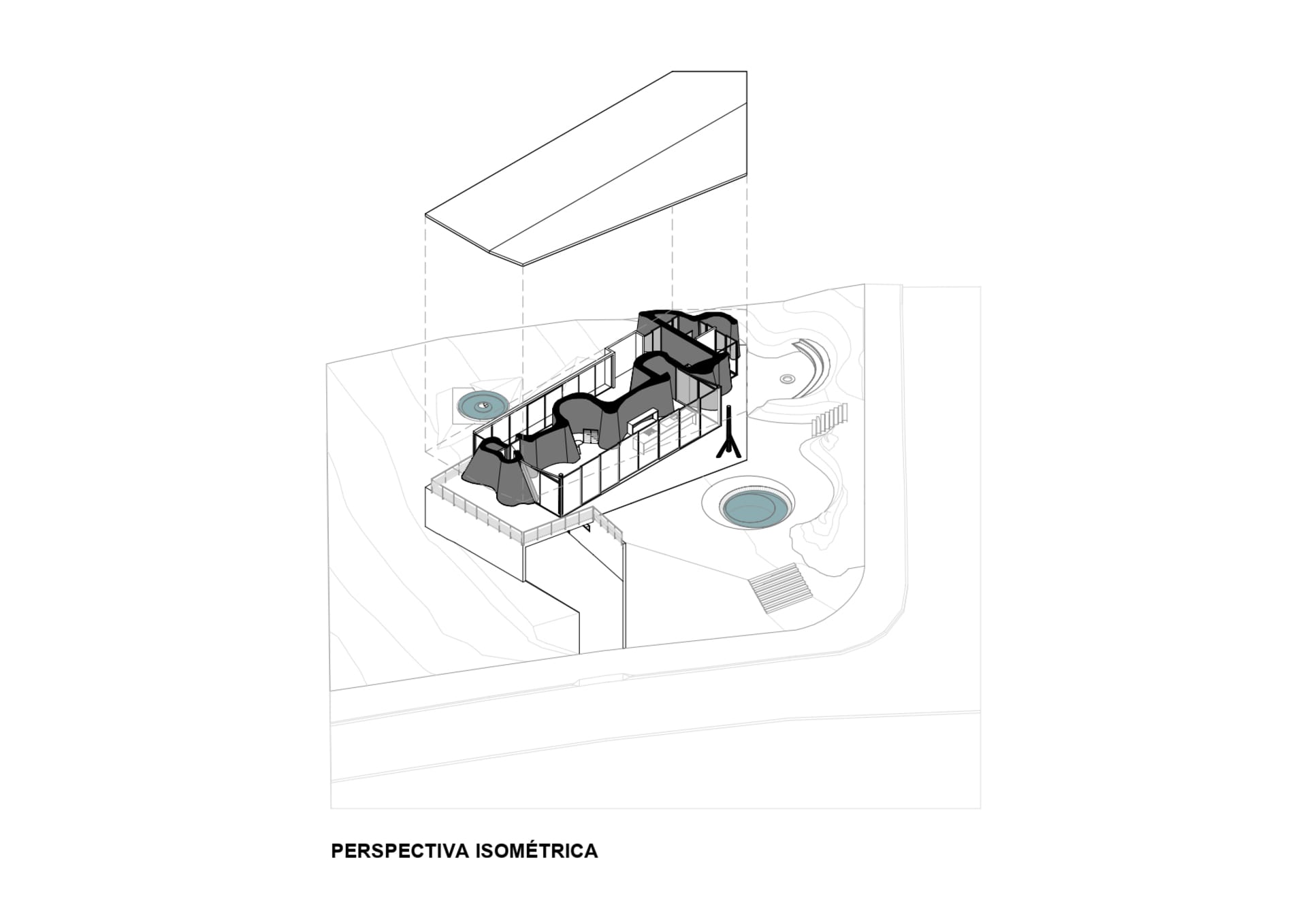 Perspective view of an industrial building with a metal structure and industrial design elements.