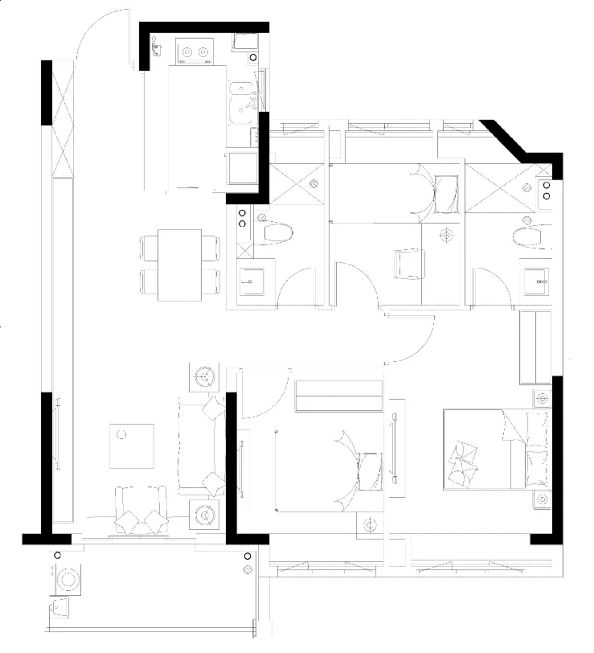 A modern apartment layout featuring open-plan living space, a kitchenette, and multiple bedrooms.