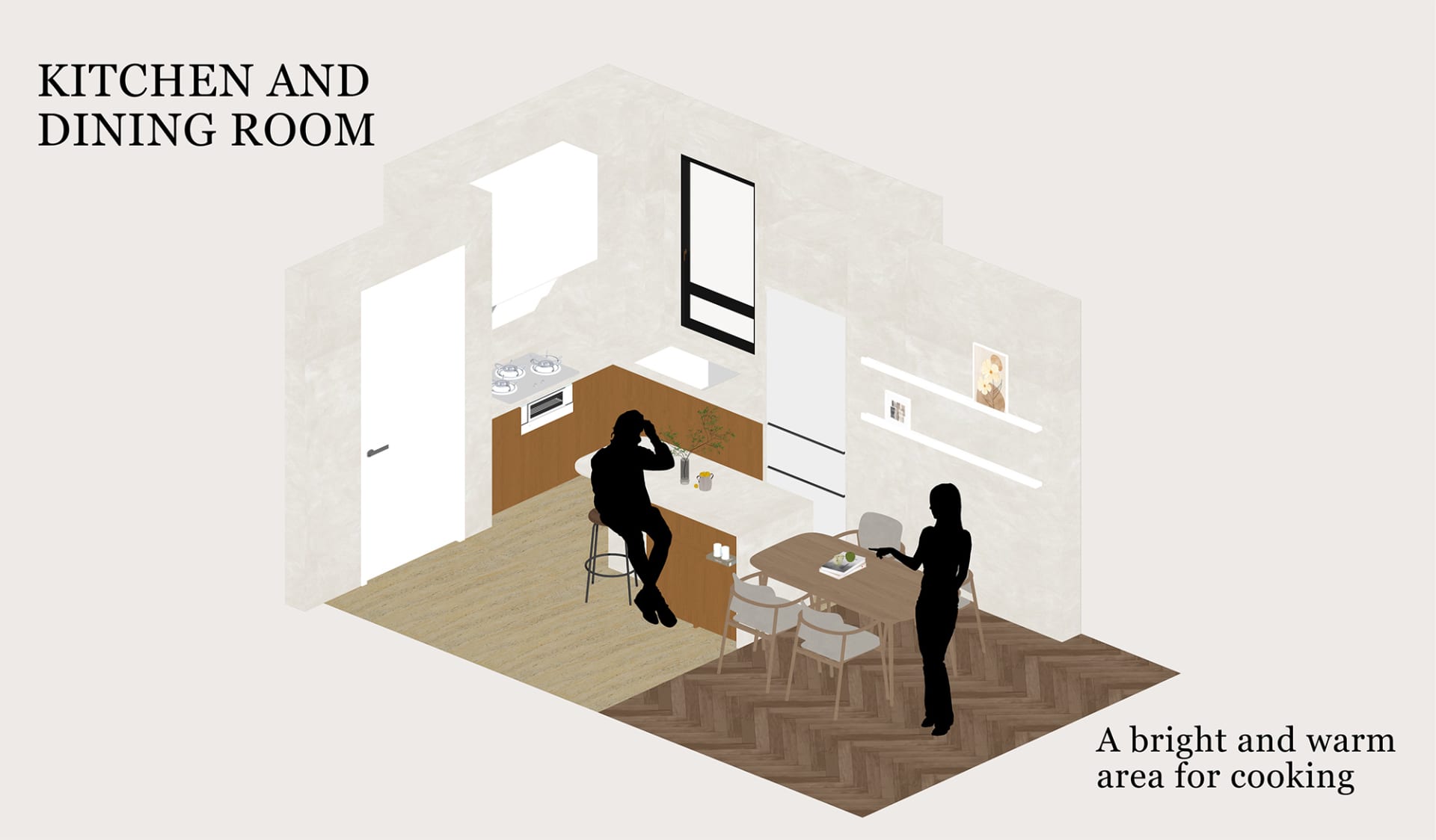 Rendering of a modern kitchen and dining room with wooden furniture and warm lighting.