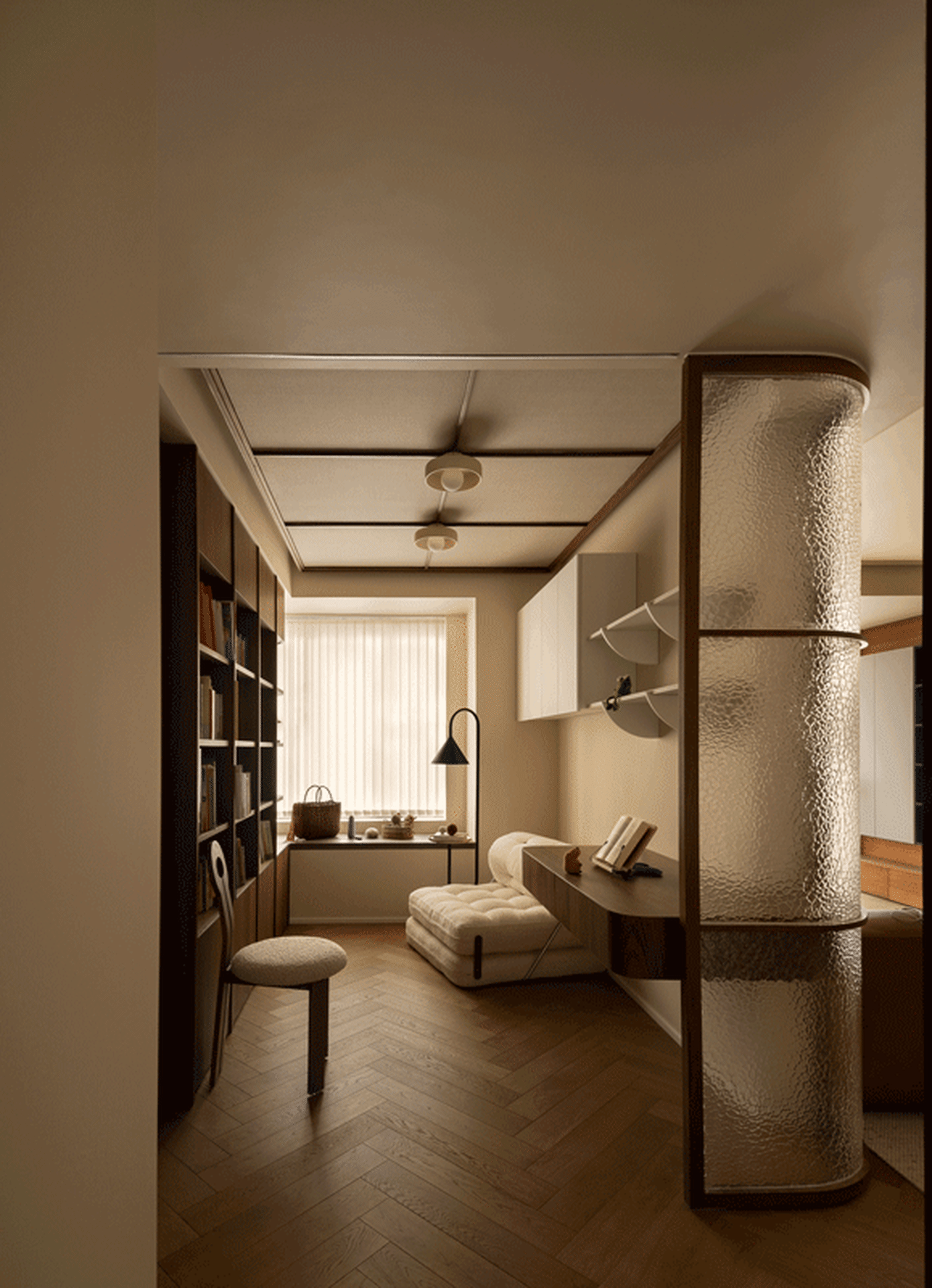 A minimalist study featuring wood, glass, and metal materials.