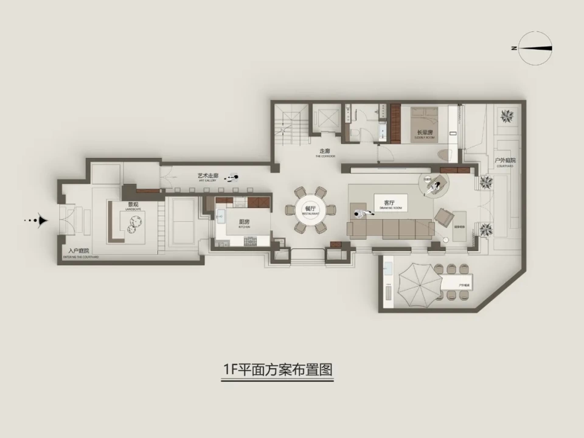 A detailed 2D architectural drawing of a modern residential home's interior, featuring minimalist design and neutral color pa