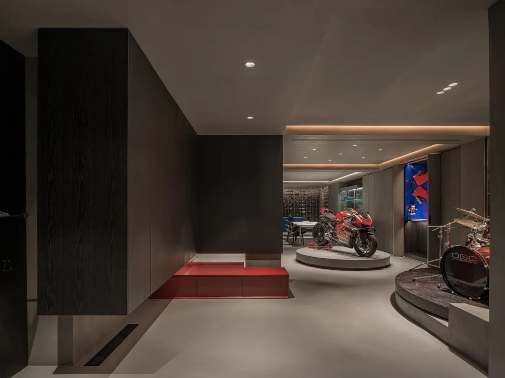 Indoor living area featuring modern industrial design with concrete and wood accents