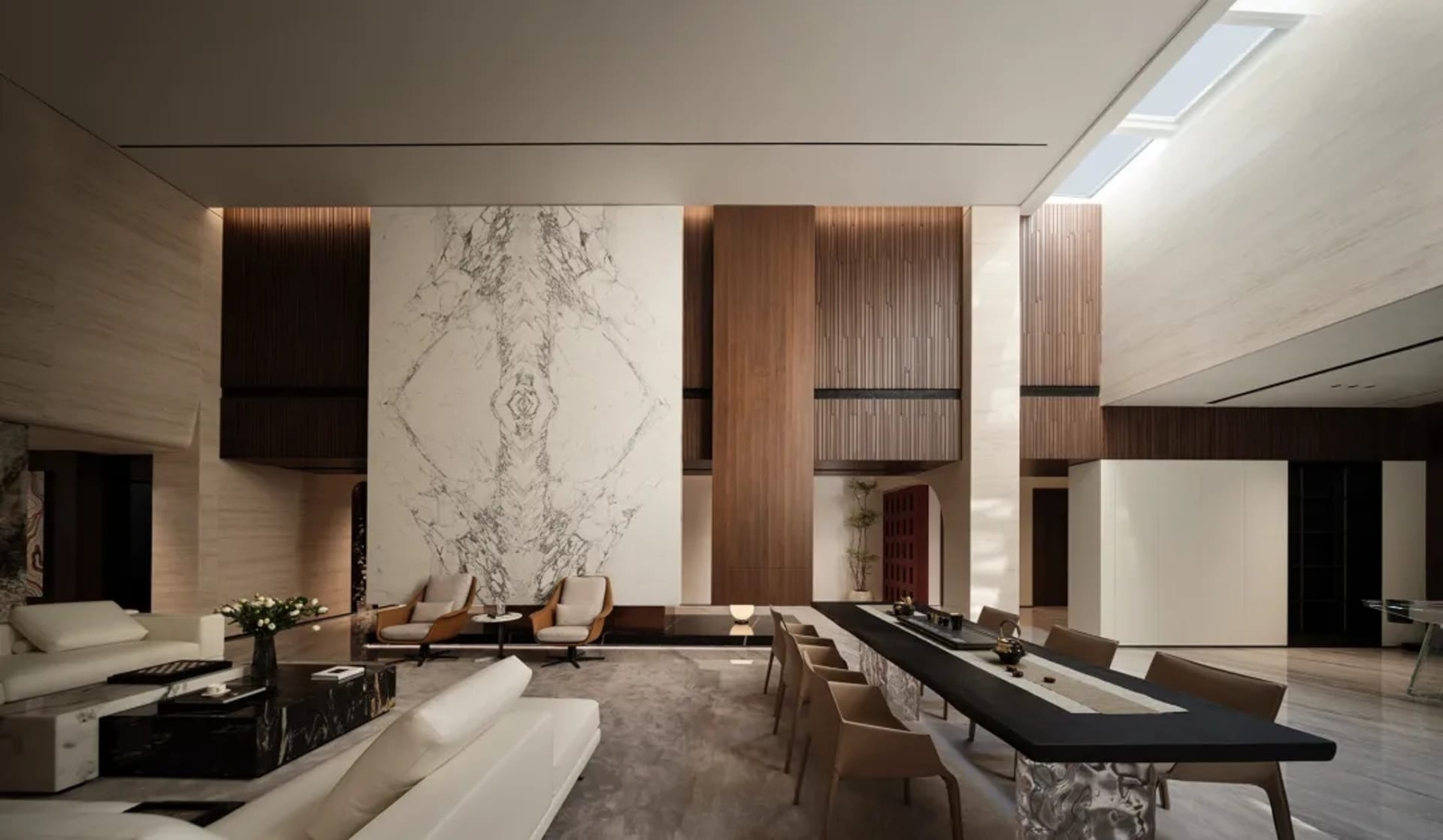 Modern living room with marble and concrete finishes, featuring wooden accents and minimalist design.