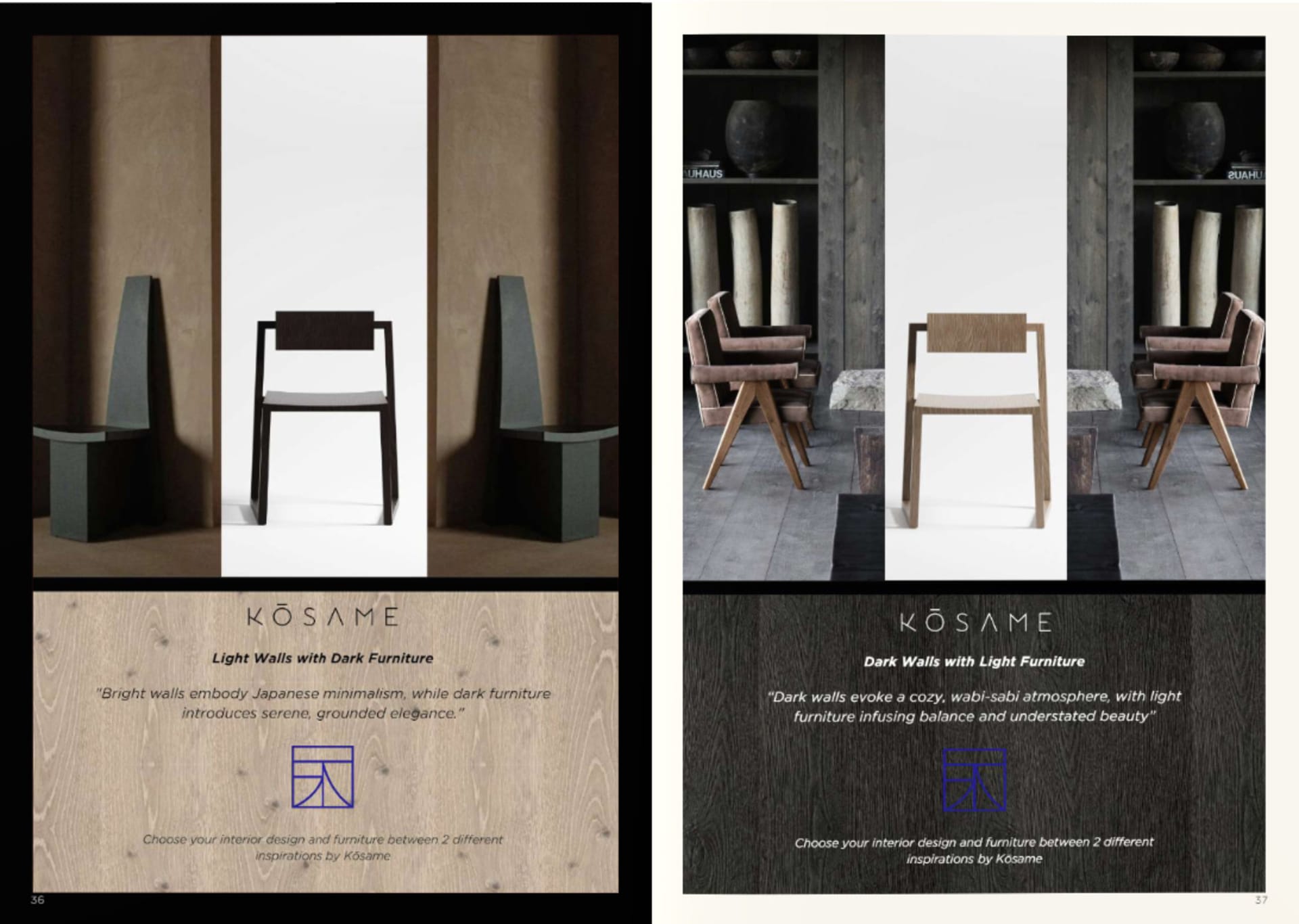 Two contrasting setups of furniture against dark and light walls, showcasing the impact of lighting on the overall design.