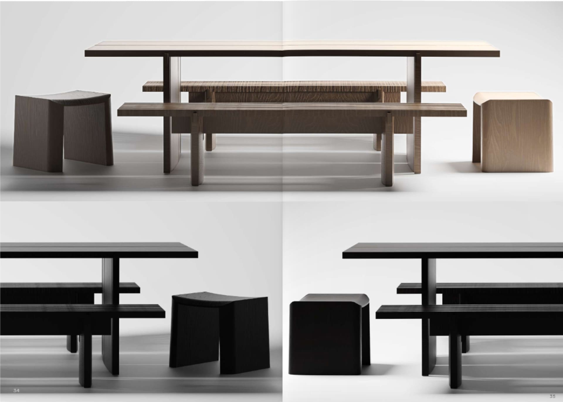 A collection of industrial-style furniture made of wood displayed in a 3D perspective.