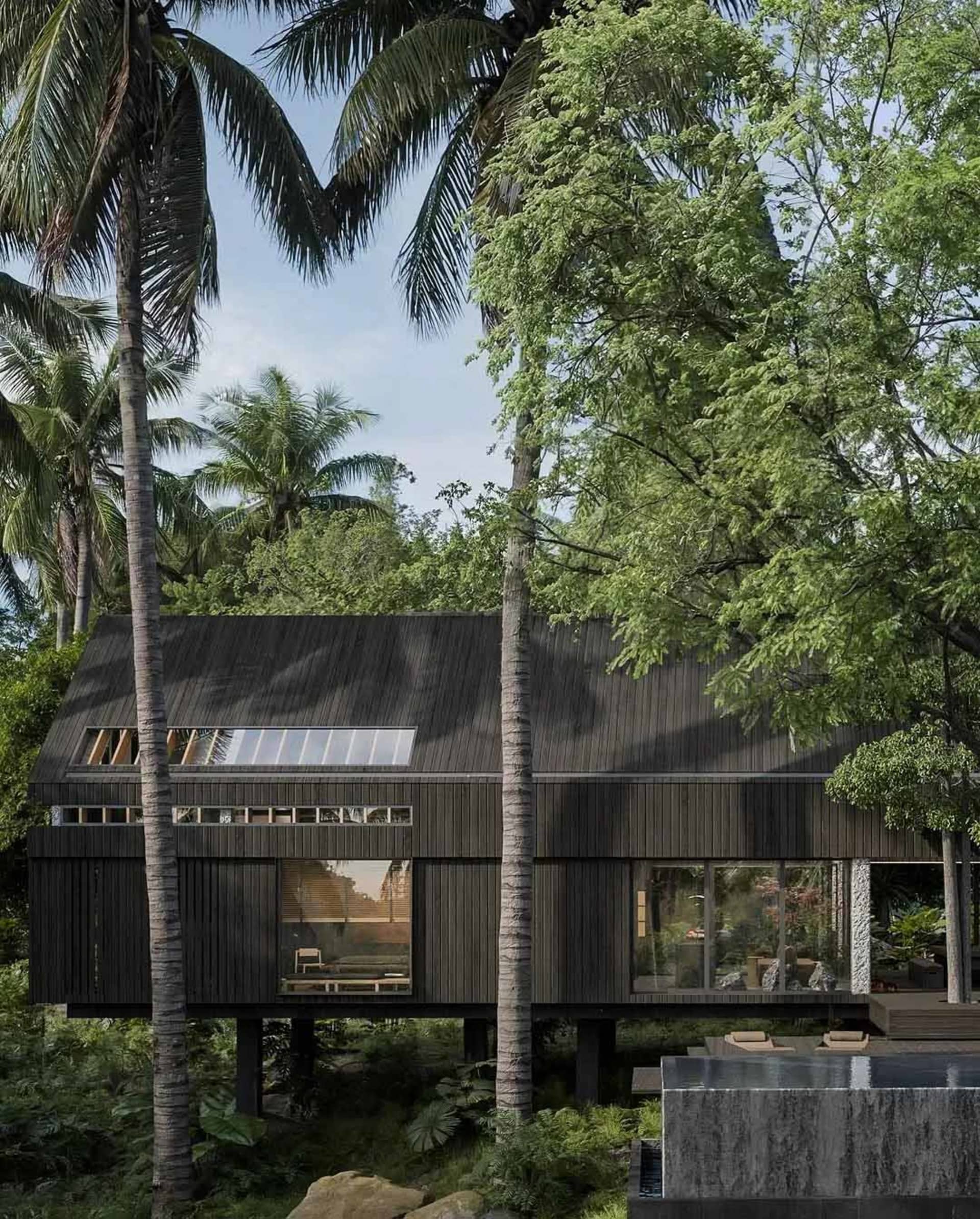 Modern house with wooden panels and large windows.