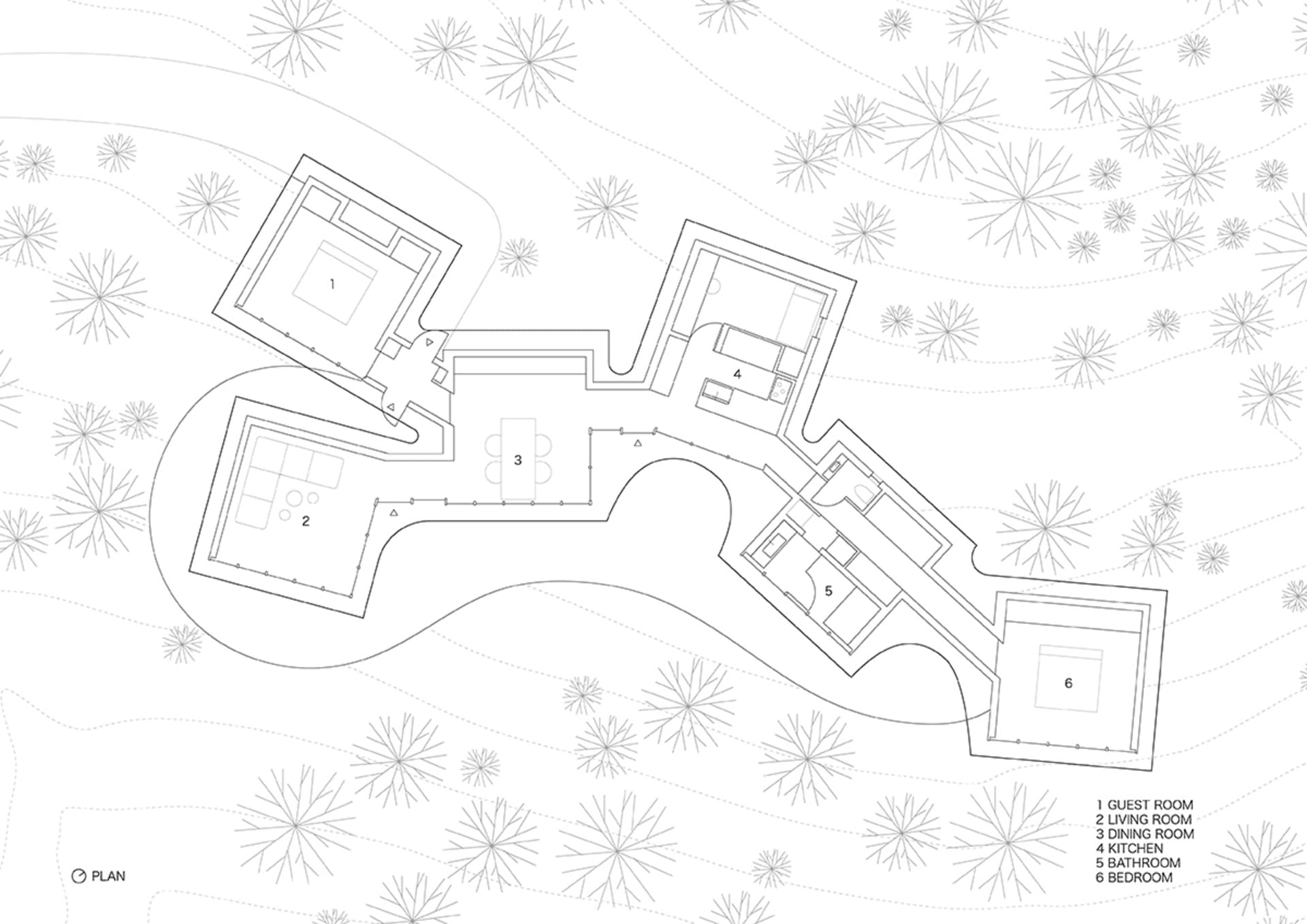 現代住宅建築的平面圖，展示房間與區域的配置。