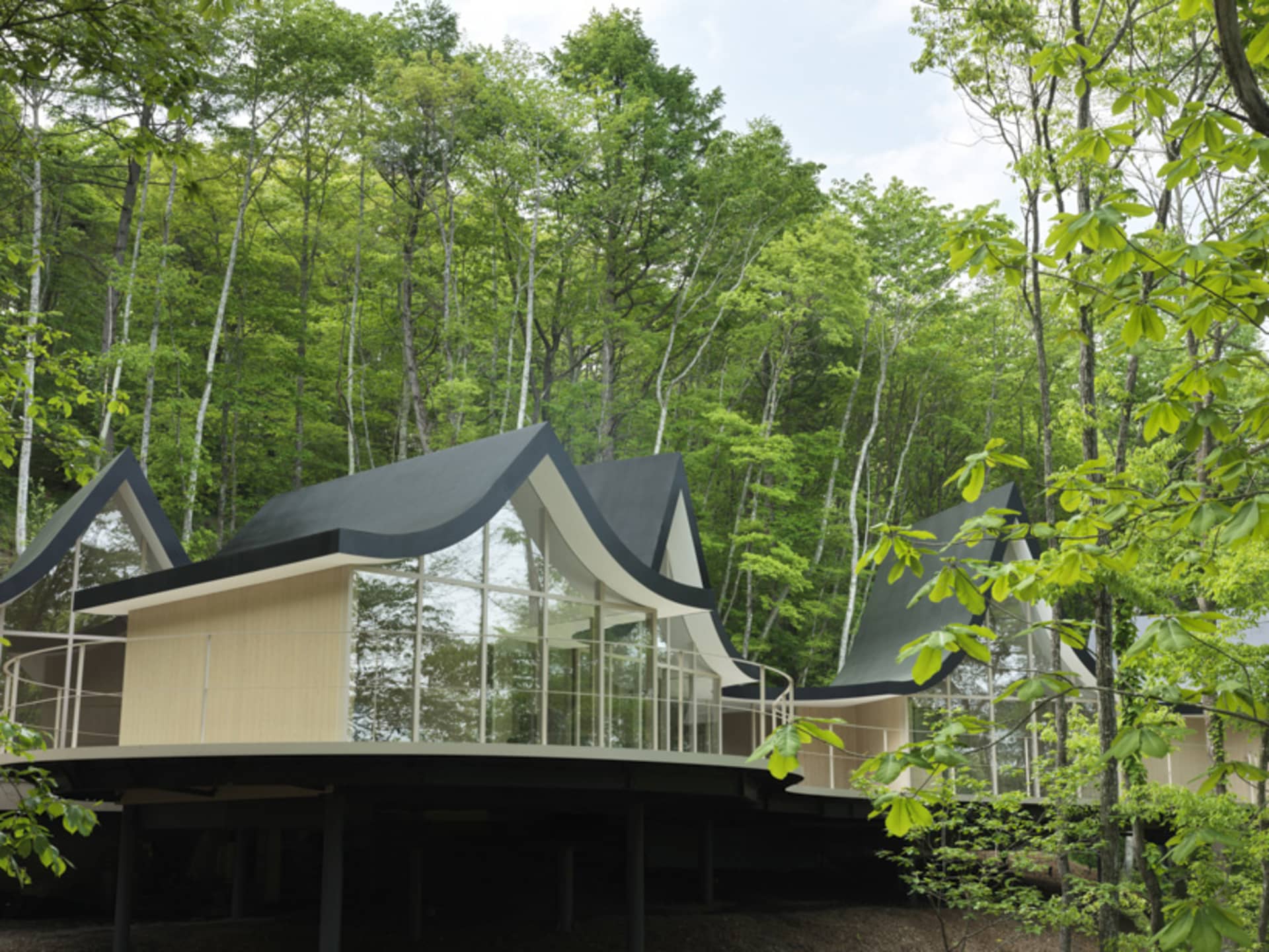 A modern house with wooden exterior and glass walls surrounded by trees.
