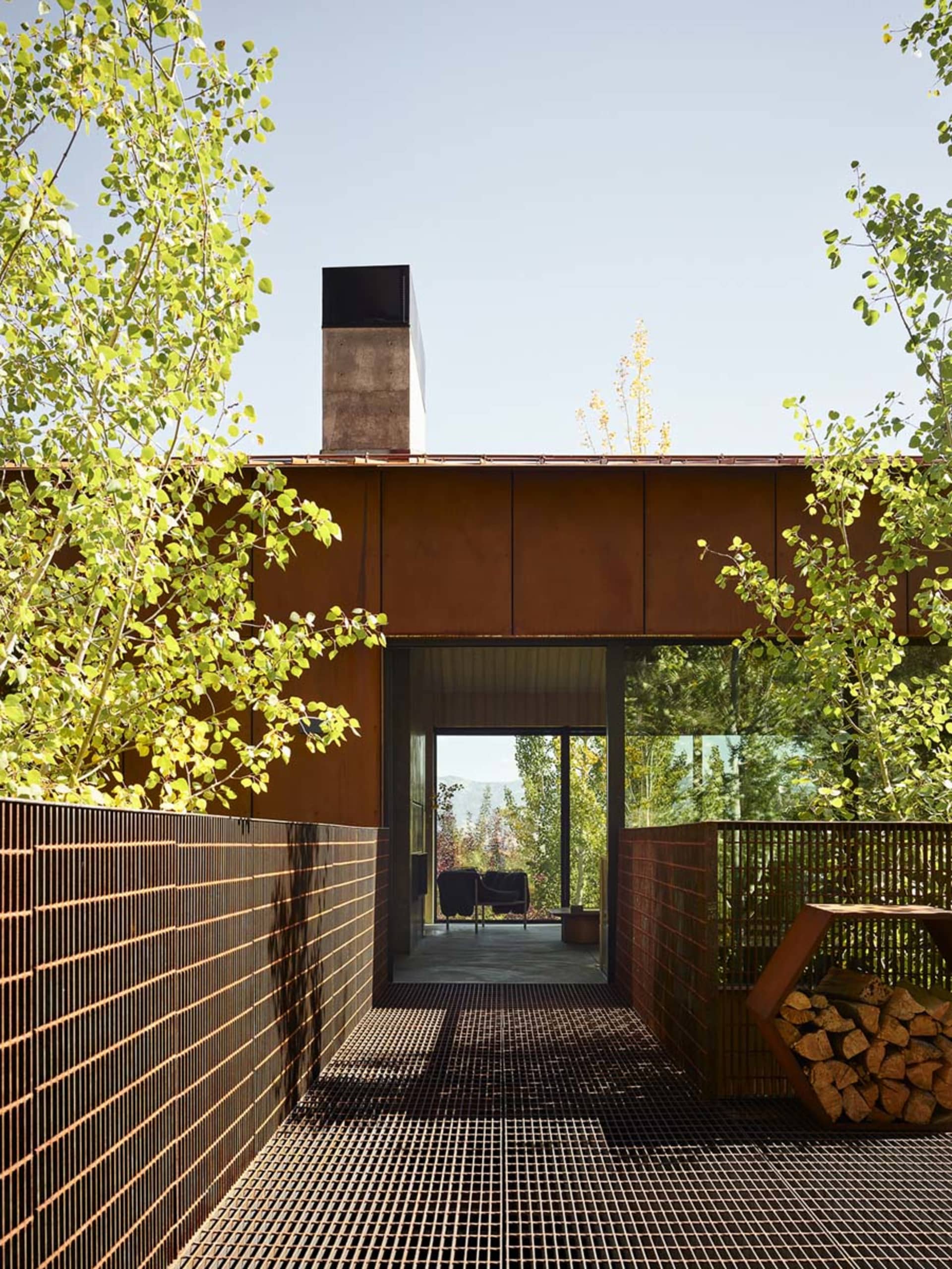Modern exterior architecture with metal siding and a metal chimney.