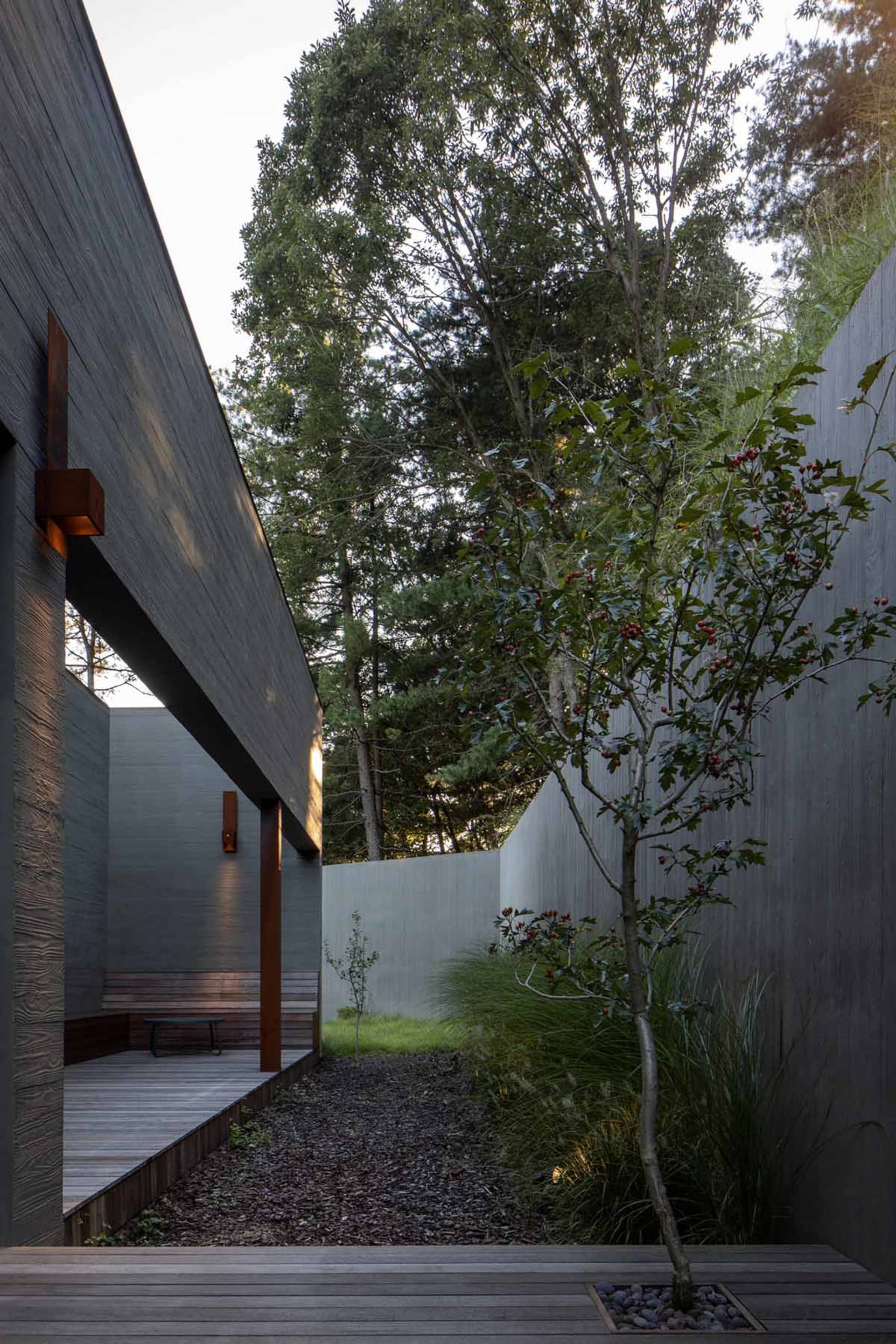 A modern exterior pathway made of wood surrounded by trees and plants.