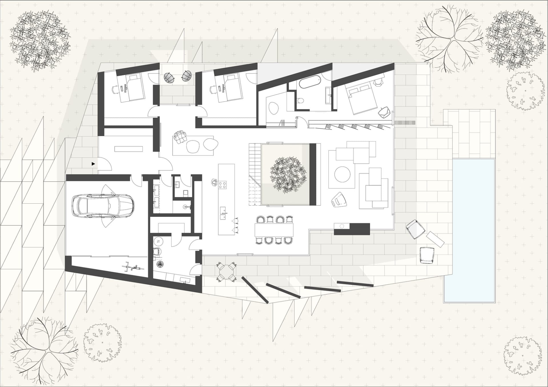 Floor plan of a modern house featuring an outdoor area and a garage.