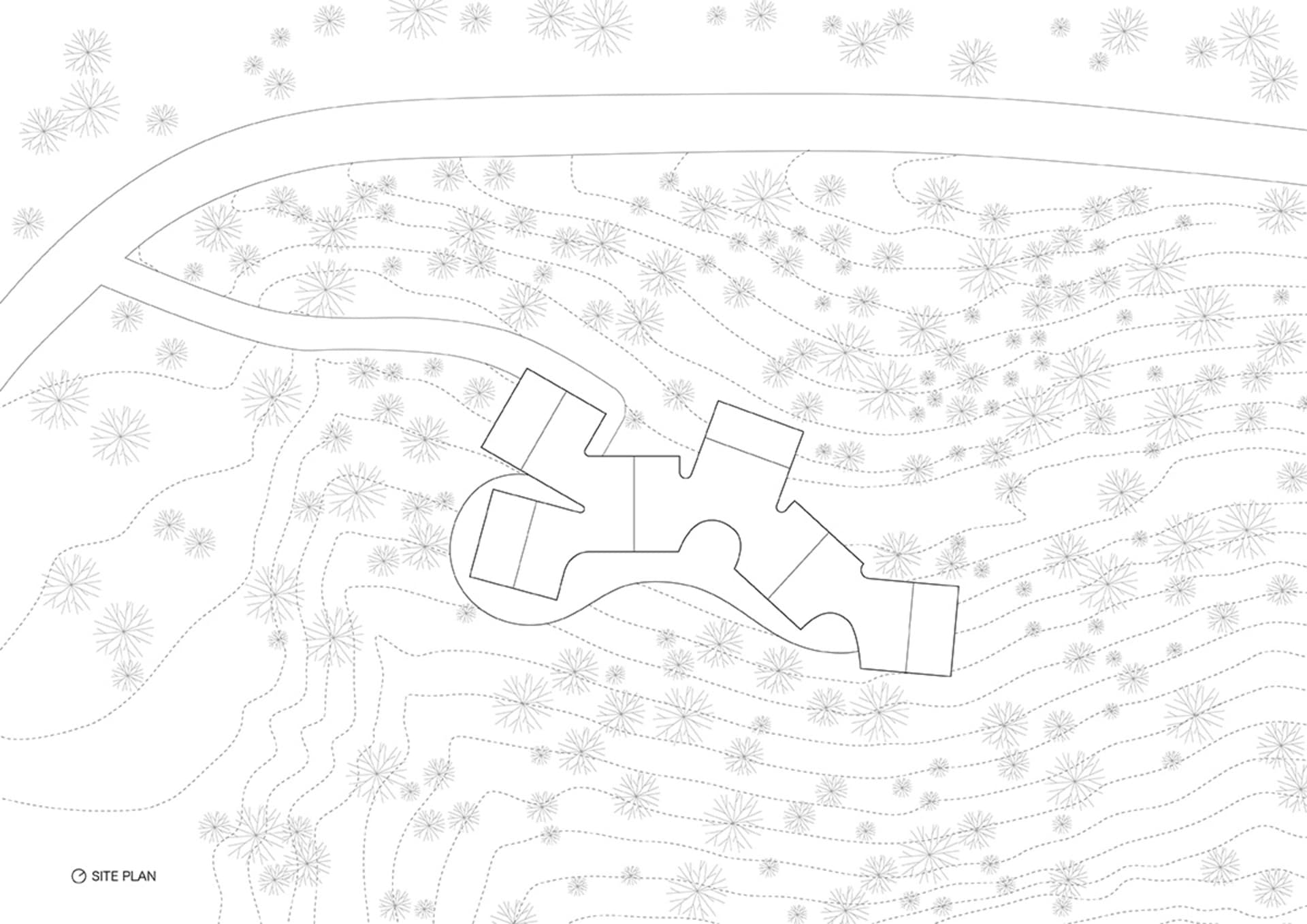 黑白建築基地平面圖,山坡上點綴花卉圖案。