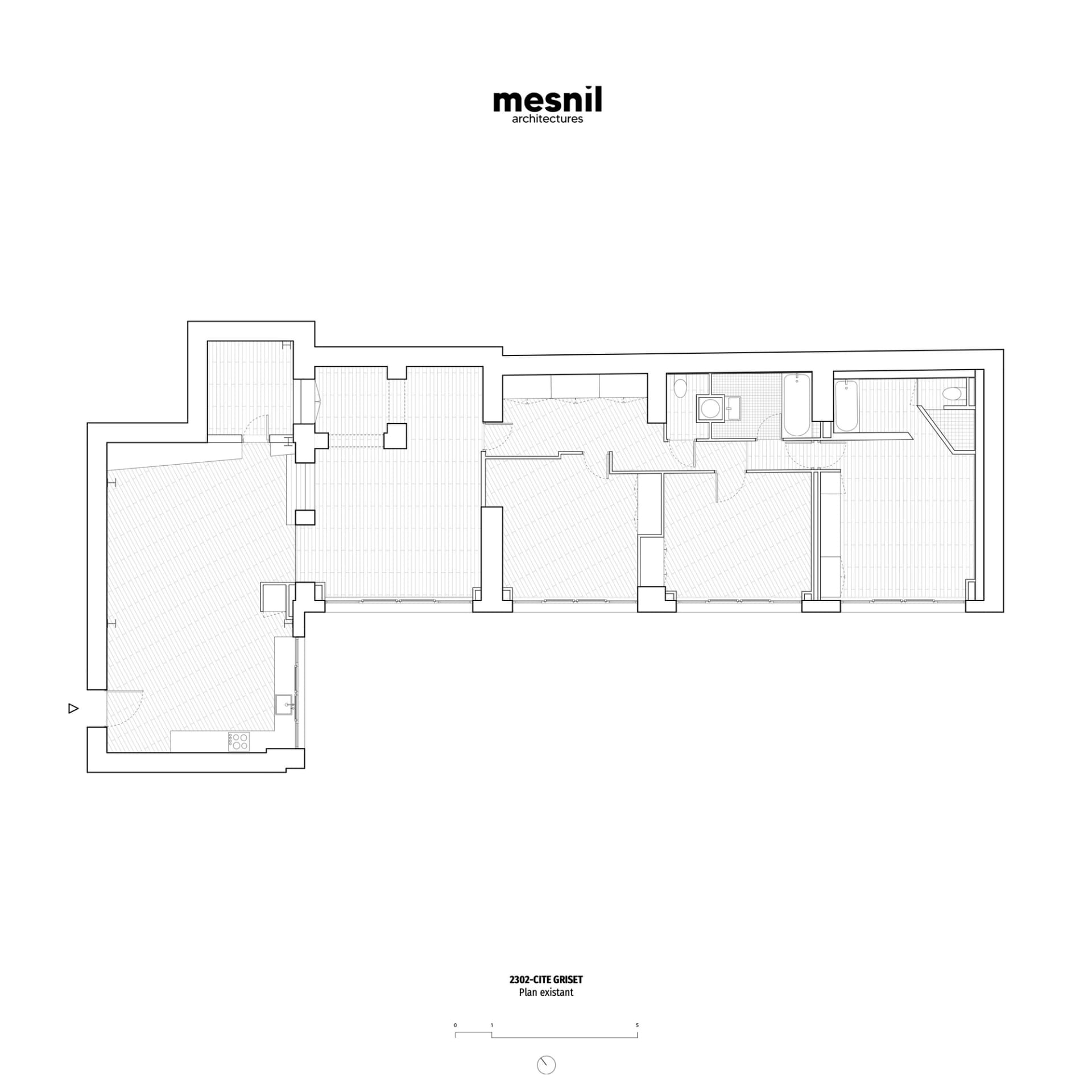 Mesnil Architectures 為 2302 Cité Griset 繪製的現有平面藍圖，展示既有格局配置。