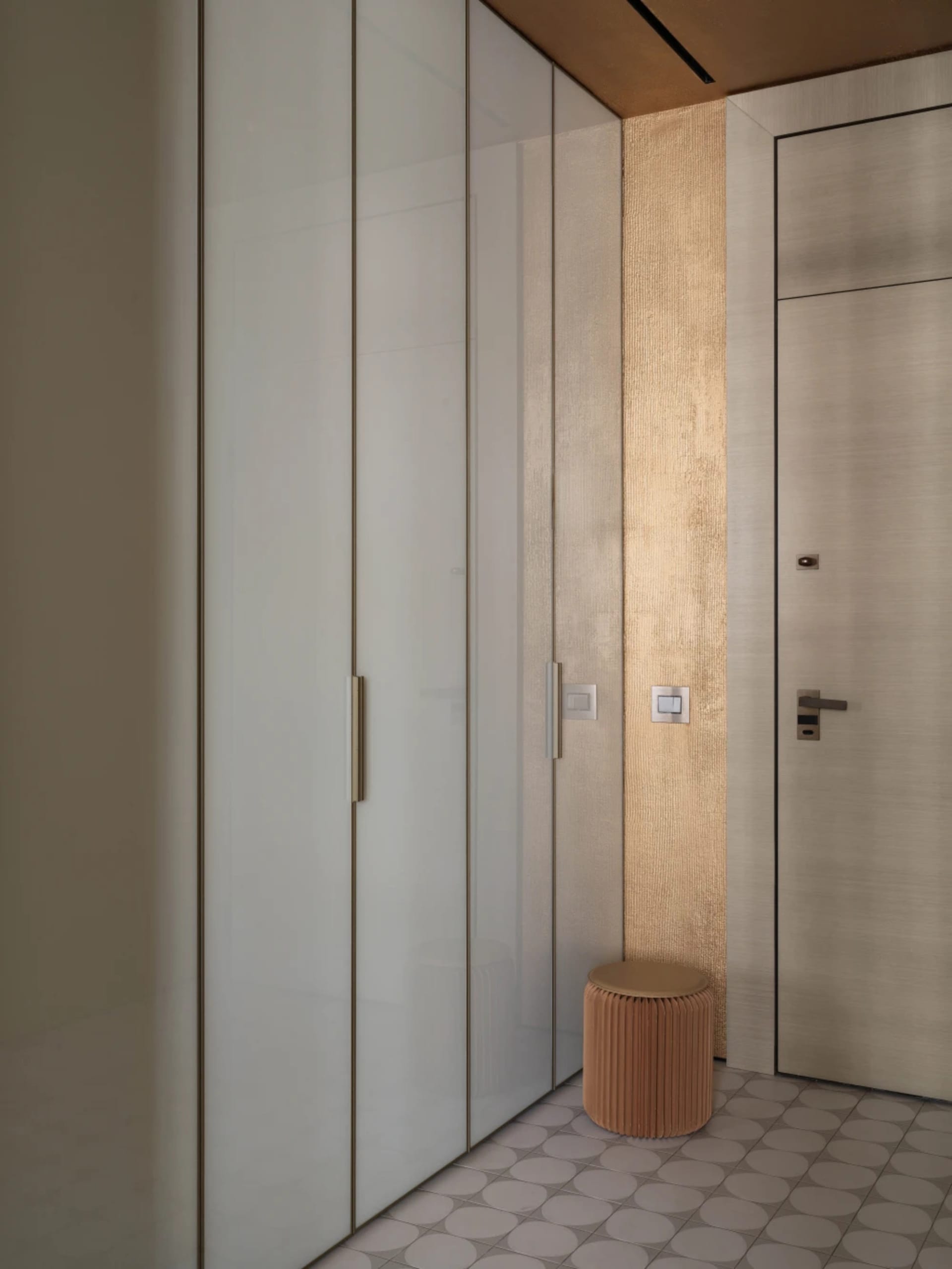 A modern entryway with a glass cabinet and wooden flooring.