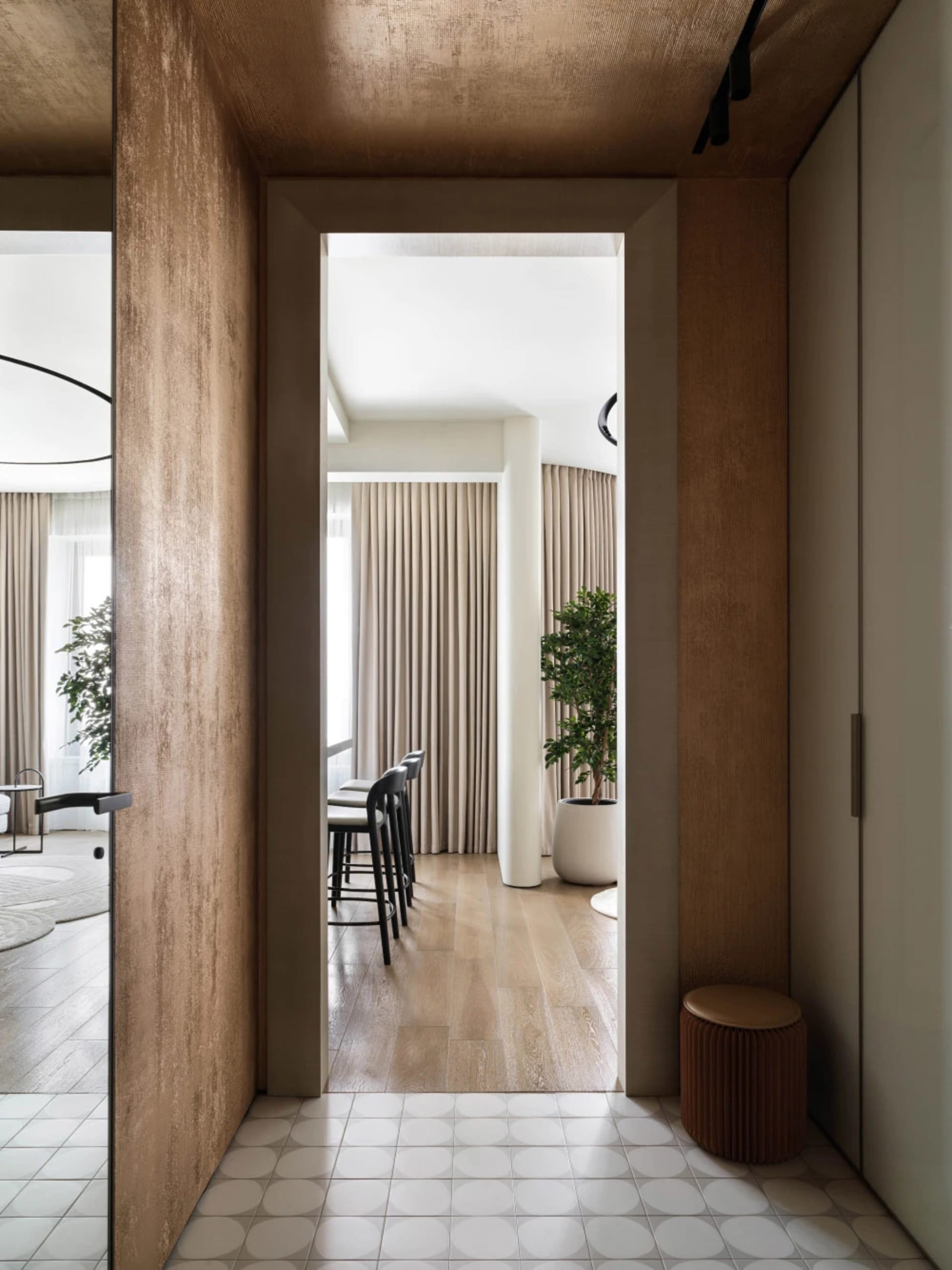 Modern minimalist entryway featuring wooden flooring and paneling, with a view into a well-lit living area with a potted plan