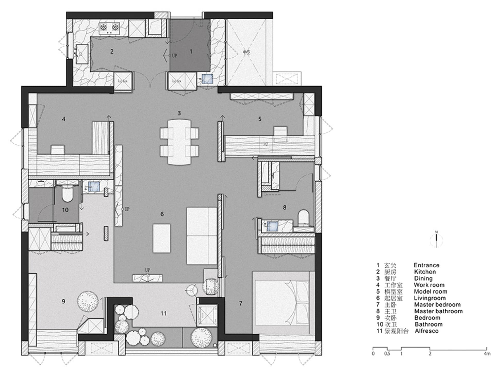 Minimalist apartment floor plan with modern design elements and open-concept layout.