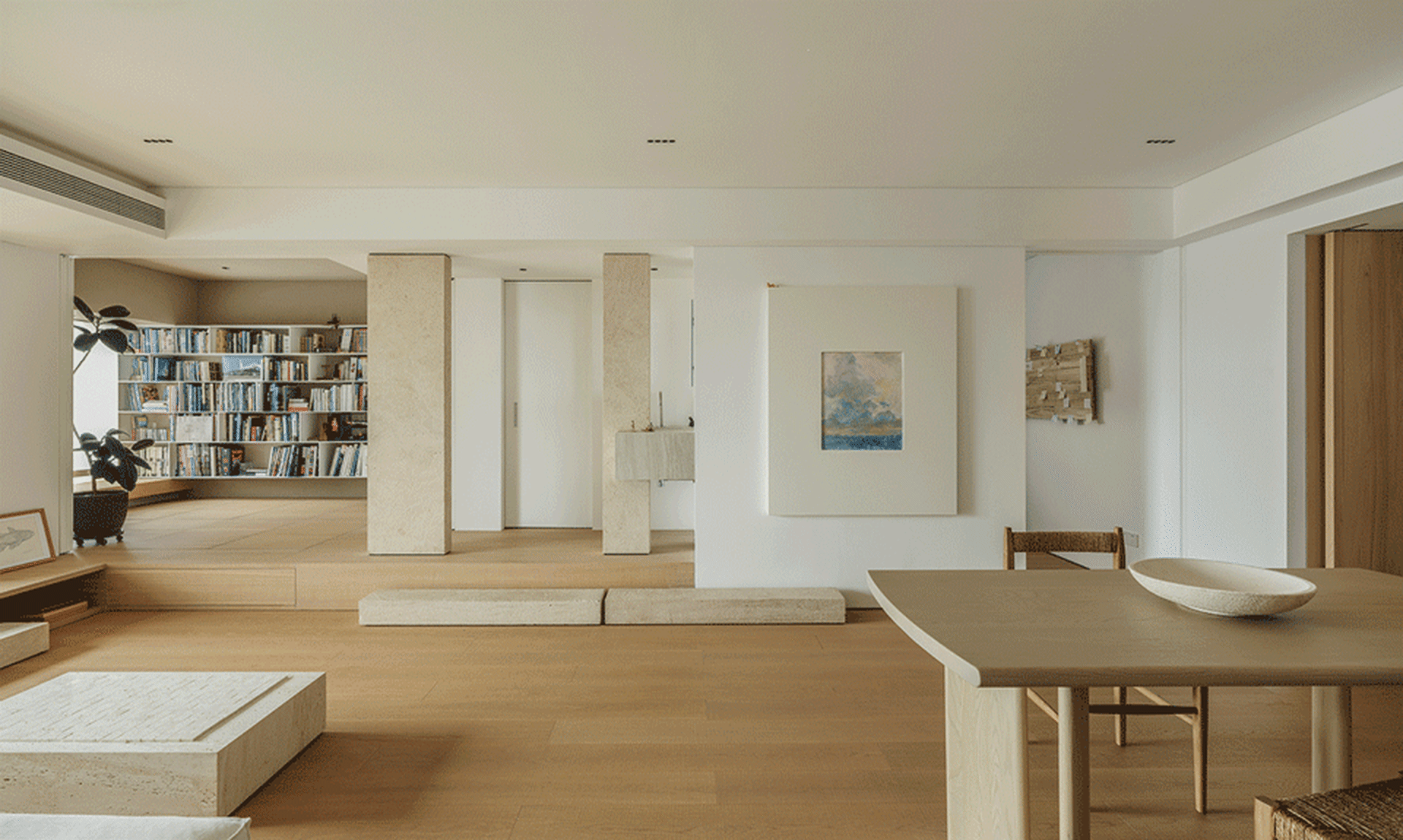 Modern interior design featuring wooden furniture and concrete elements