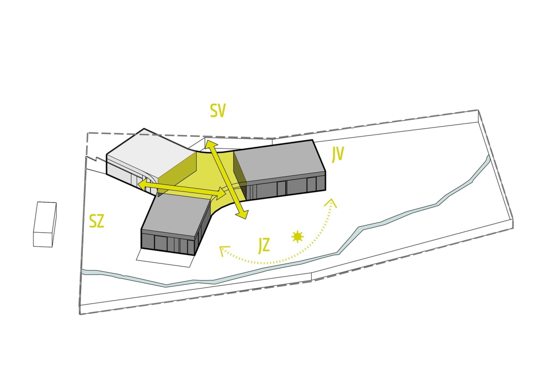 A modern building's floor plan with architectural features highlighted.