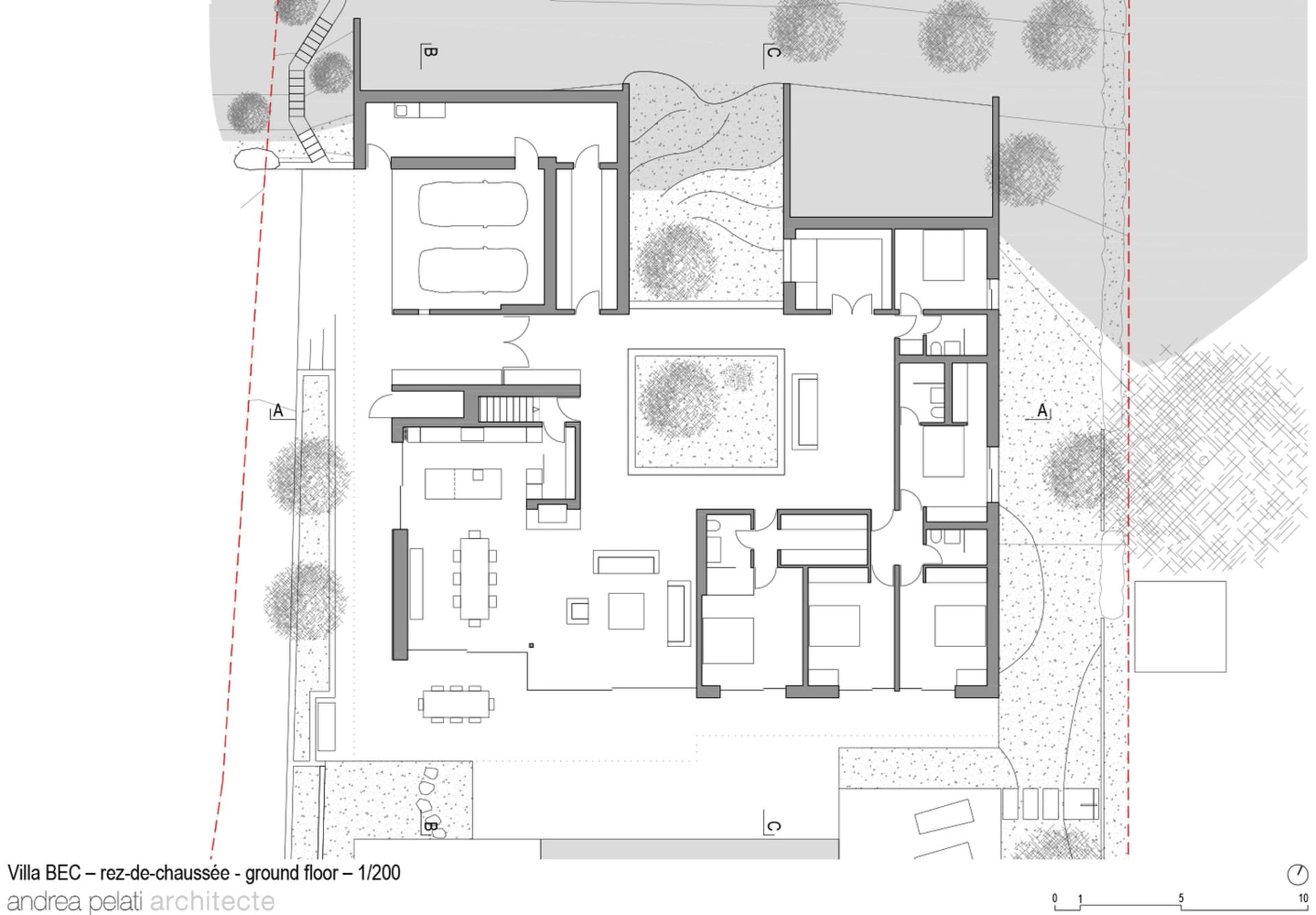 A detailed 2D architectural drawing showcasing the ground floor layout of a modern residential house, including rooms, doors,