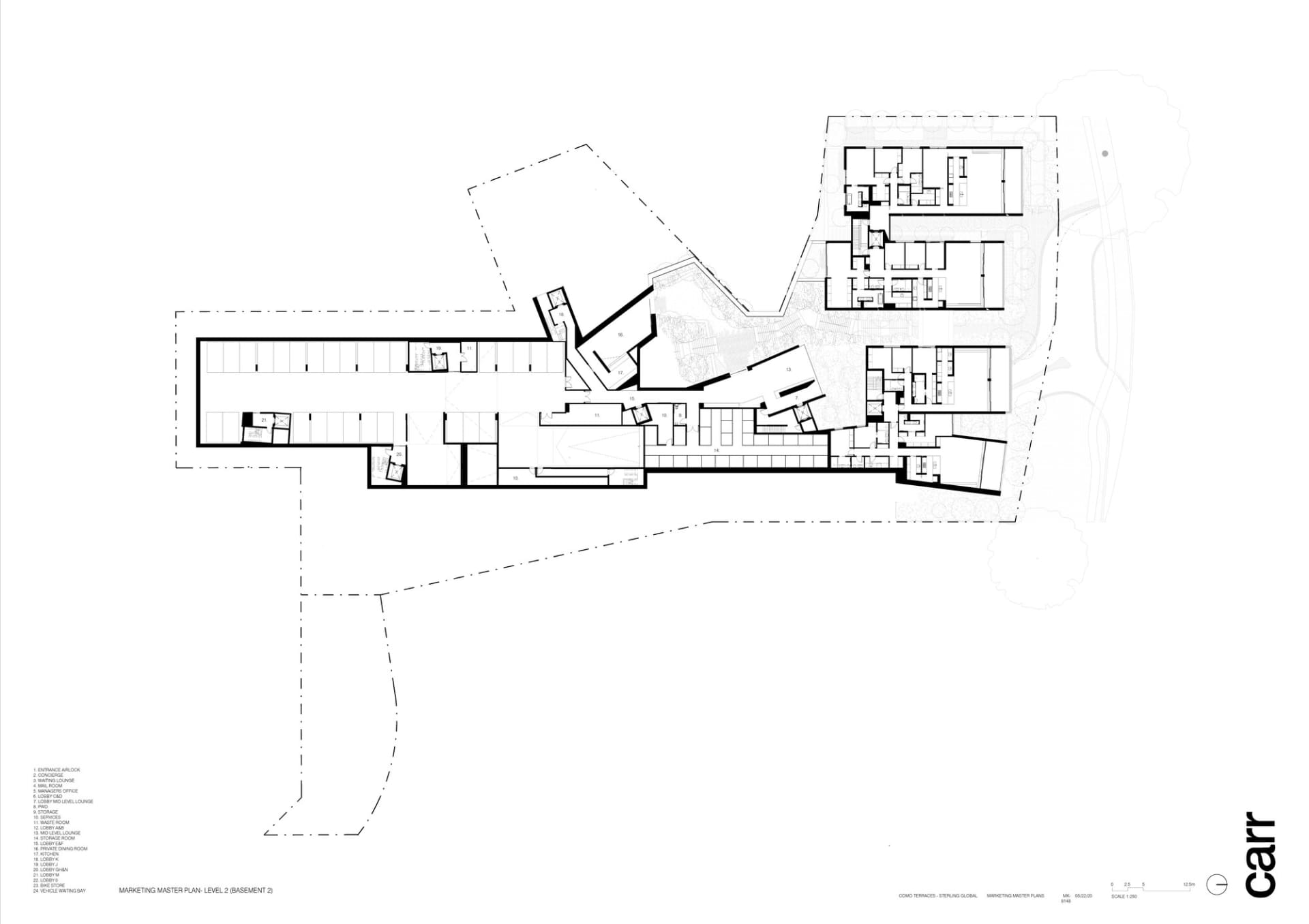 一張技術性2D建築圖，描繪一座辦公大樓的緊湊格局，包含各種房間與空間。