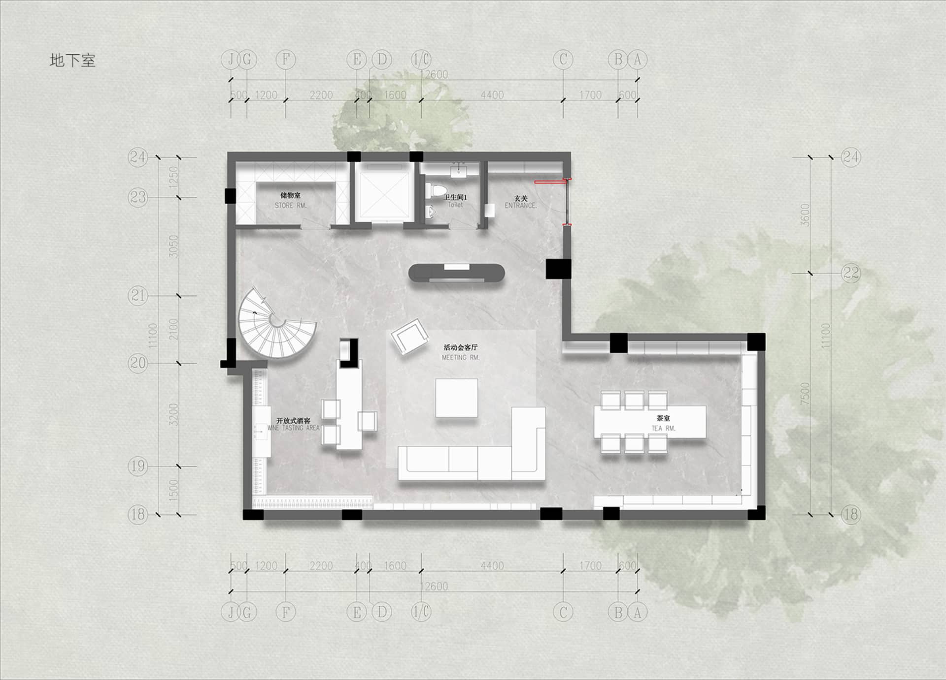 Grayscale architectural floor plan with grey flooring
