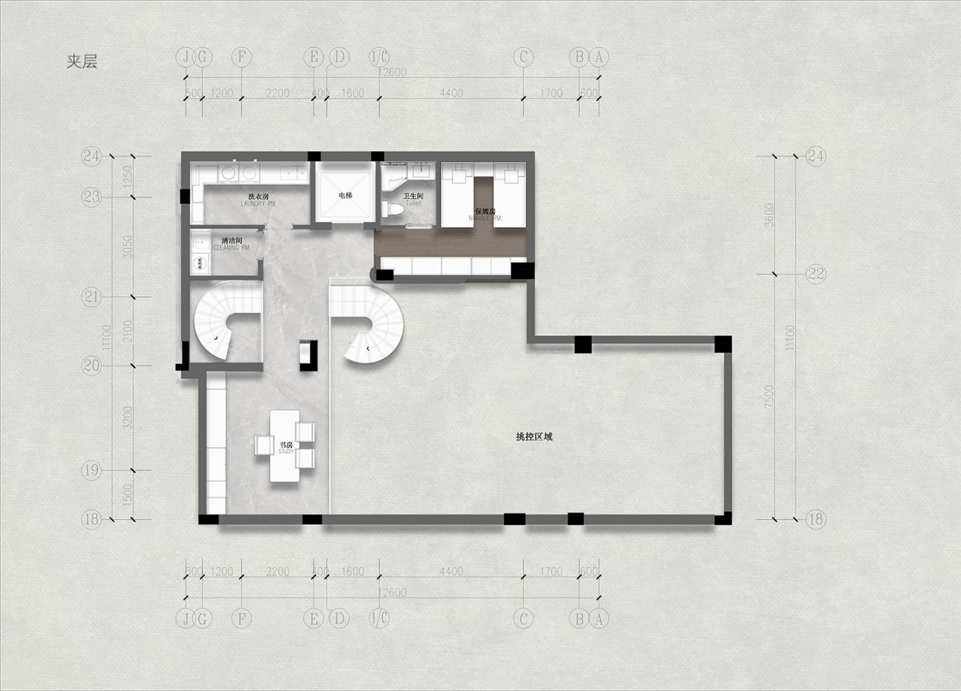 現代商業空間平面圖,展示俐落辦公室配置,包含開放式工作區、會議室以及中央樓梯