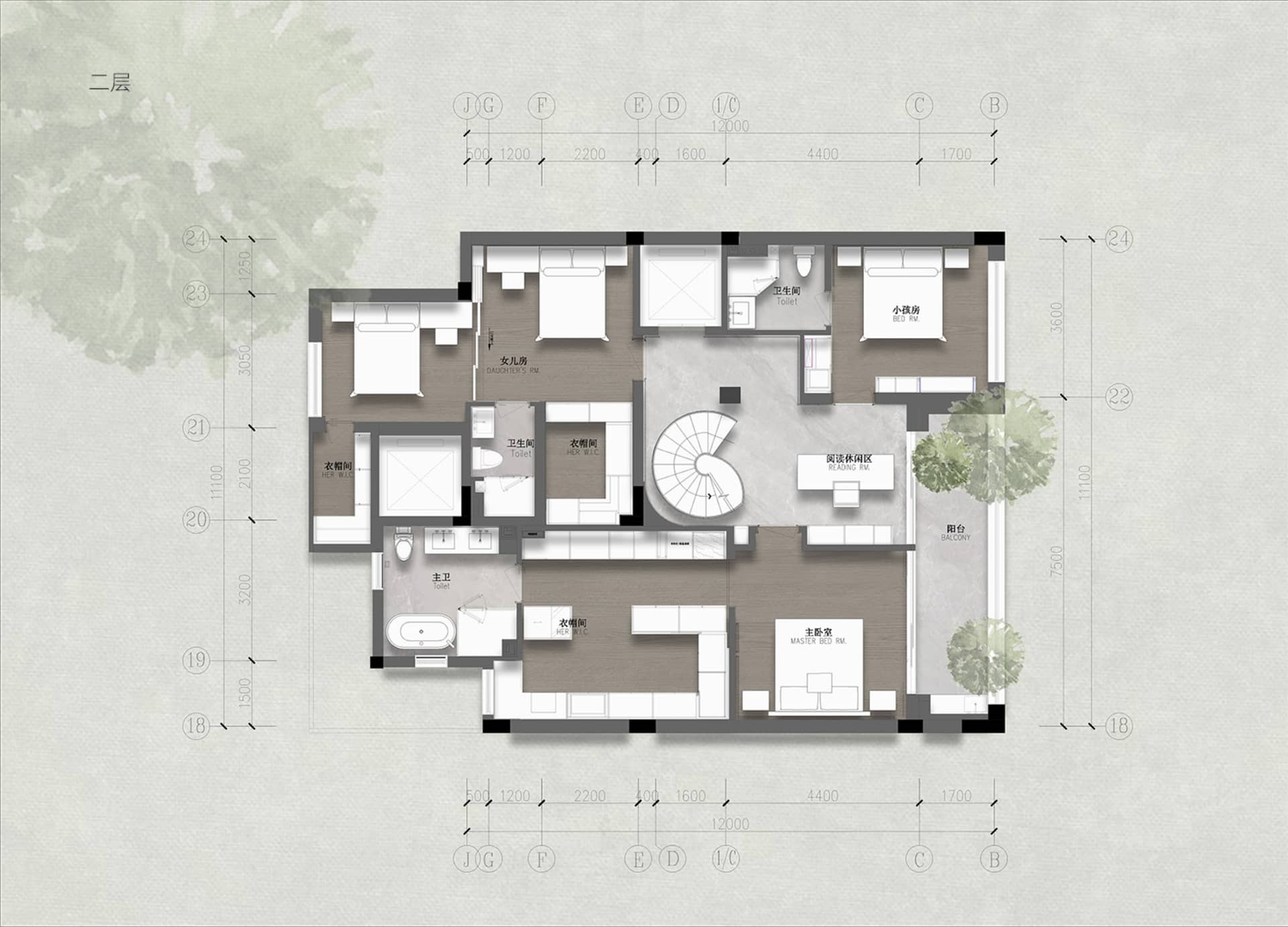 Floor plan of a modern residential second floor with bedrooms, living areas, and bathrooms