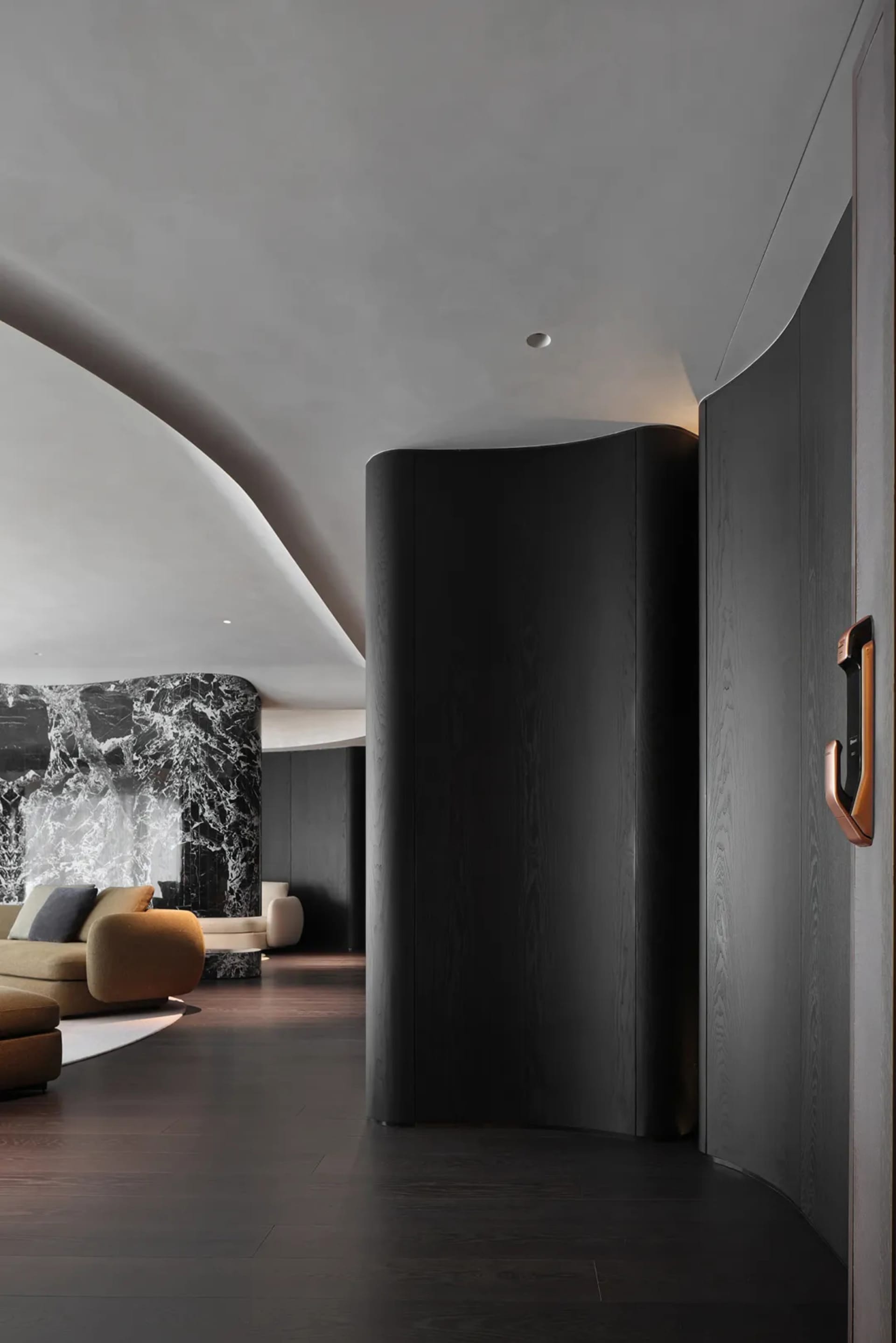Modern minimalist living room featuring black wood paneling and a contemporary sofa.