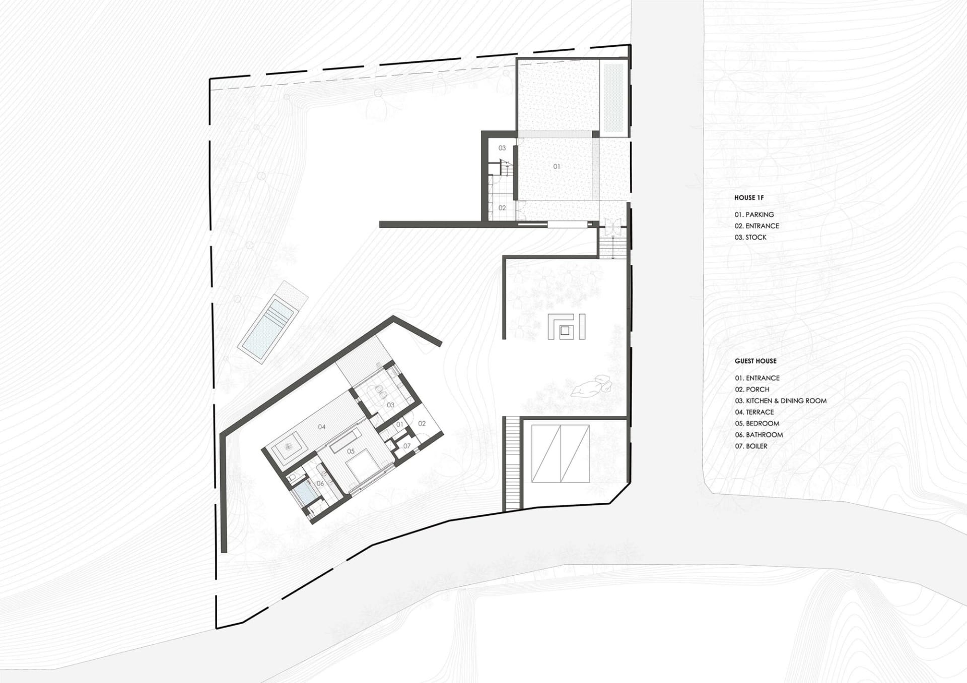 A detailed architectural floor plan of a modern house showing rooms, layout, and utilities.