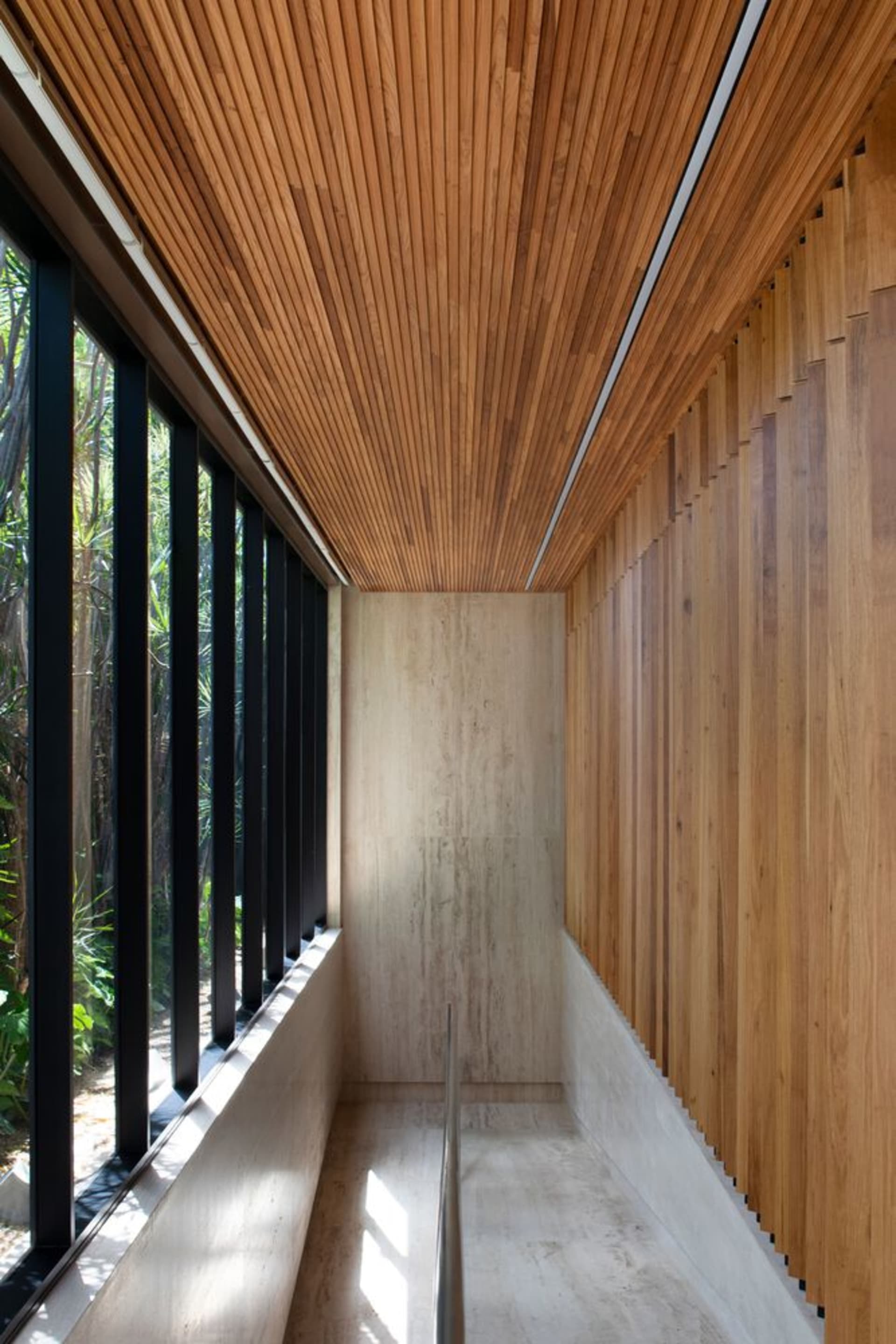 An interior design image showcasing a hallway with wooden walls and ceiling, large windows, and concrete flooring.