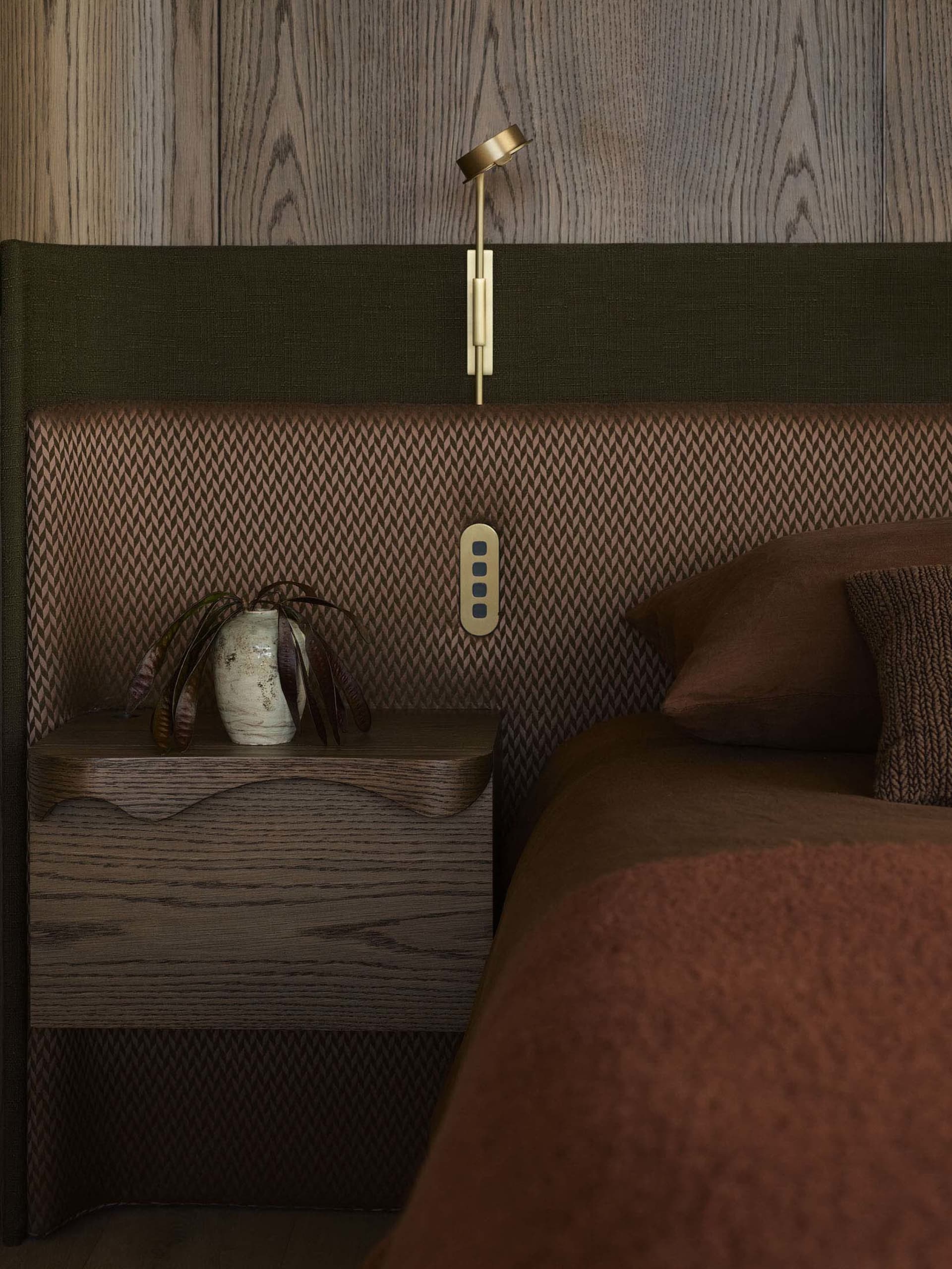 A bedroom with modern decor, featuring a bed and nightstand with wood-texture accents.