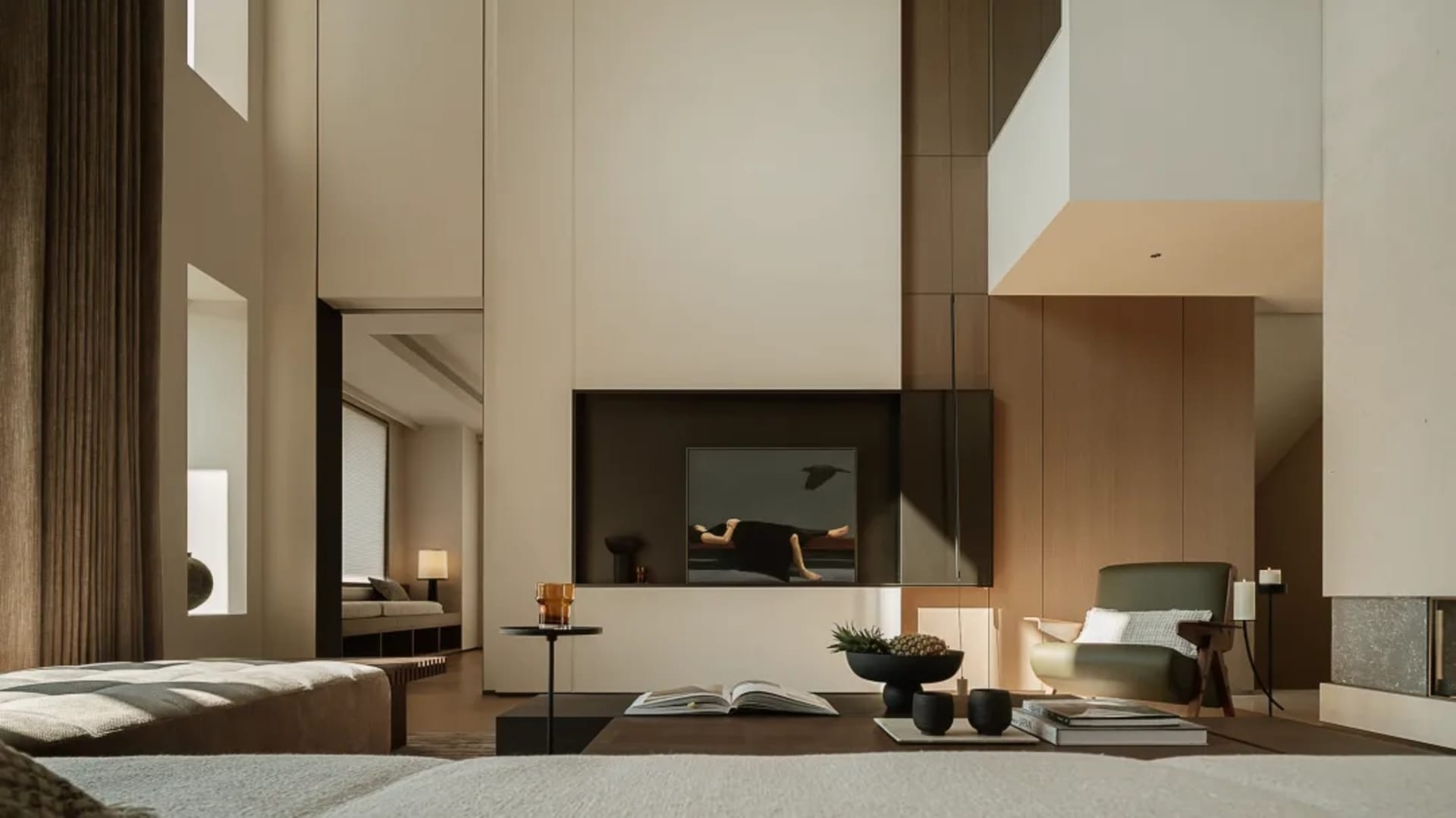 A minimalist living room with modern furnishings, a large window, and a neutral color palette.