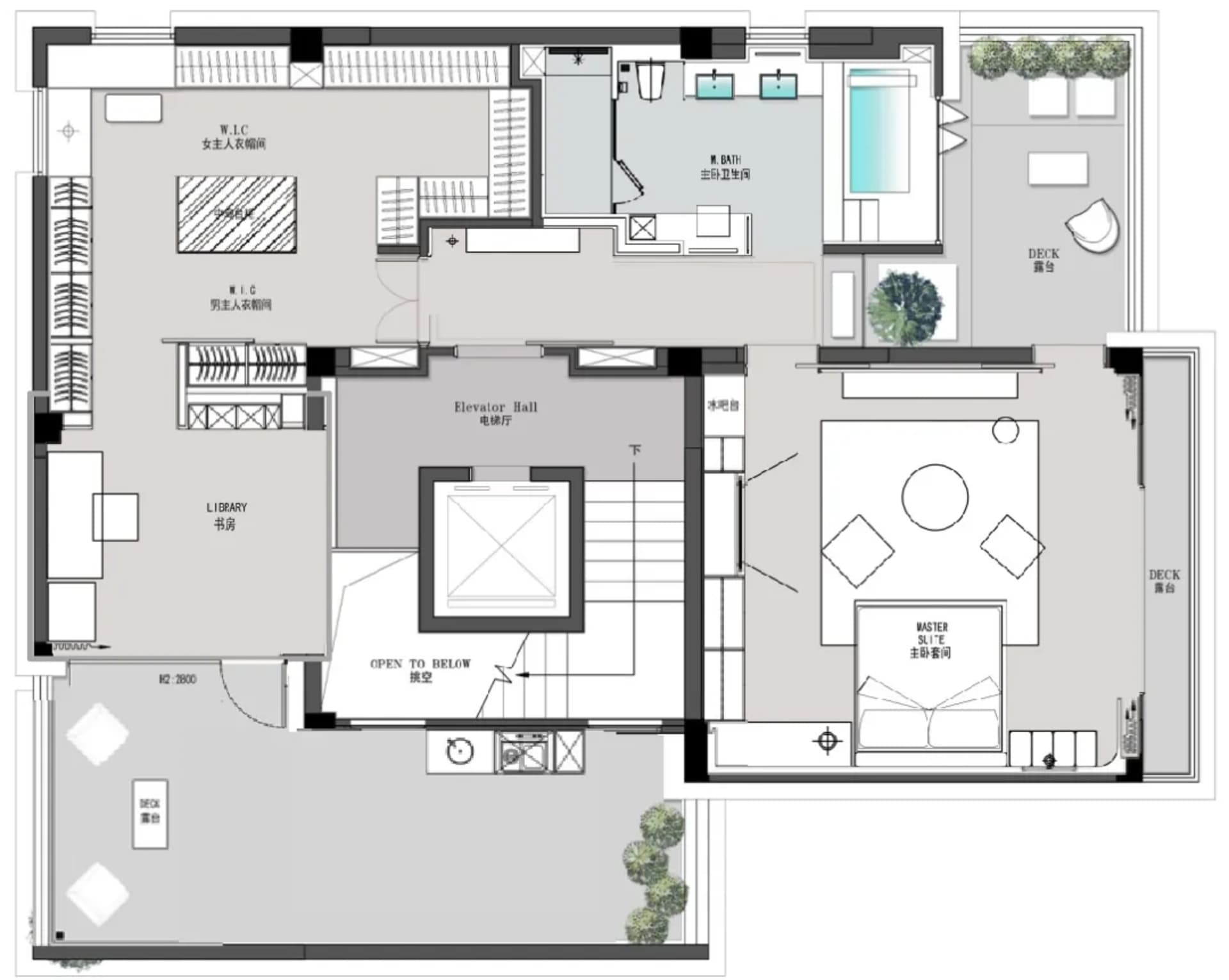Modern residential floor plan with combined living, dining, kitchen, and bedroom areas