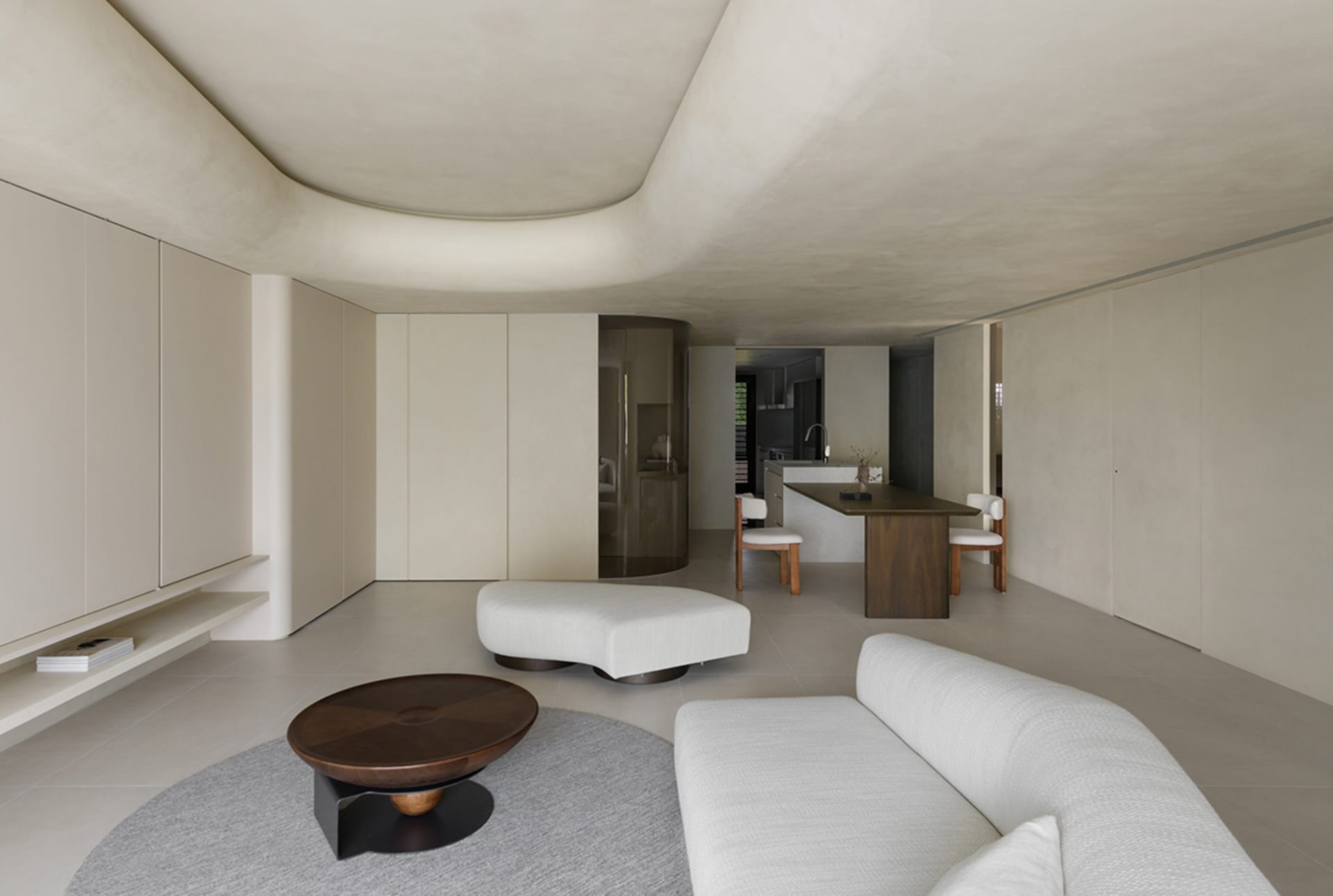 A modern minimalist living room with neutral-tones and clean lines.