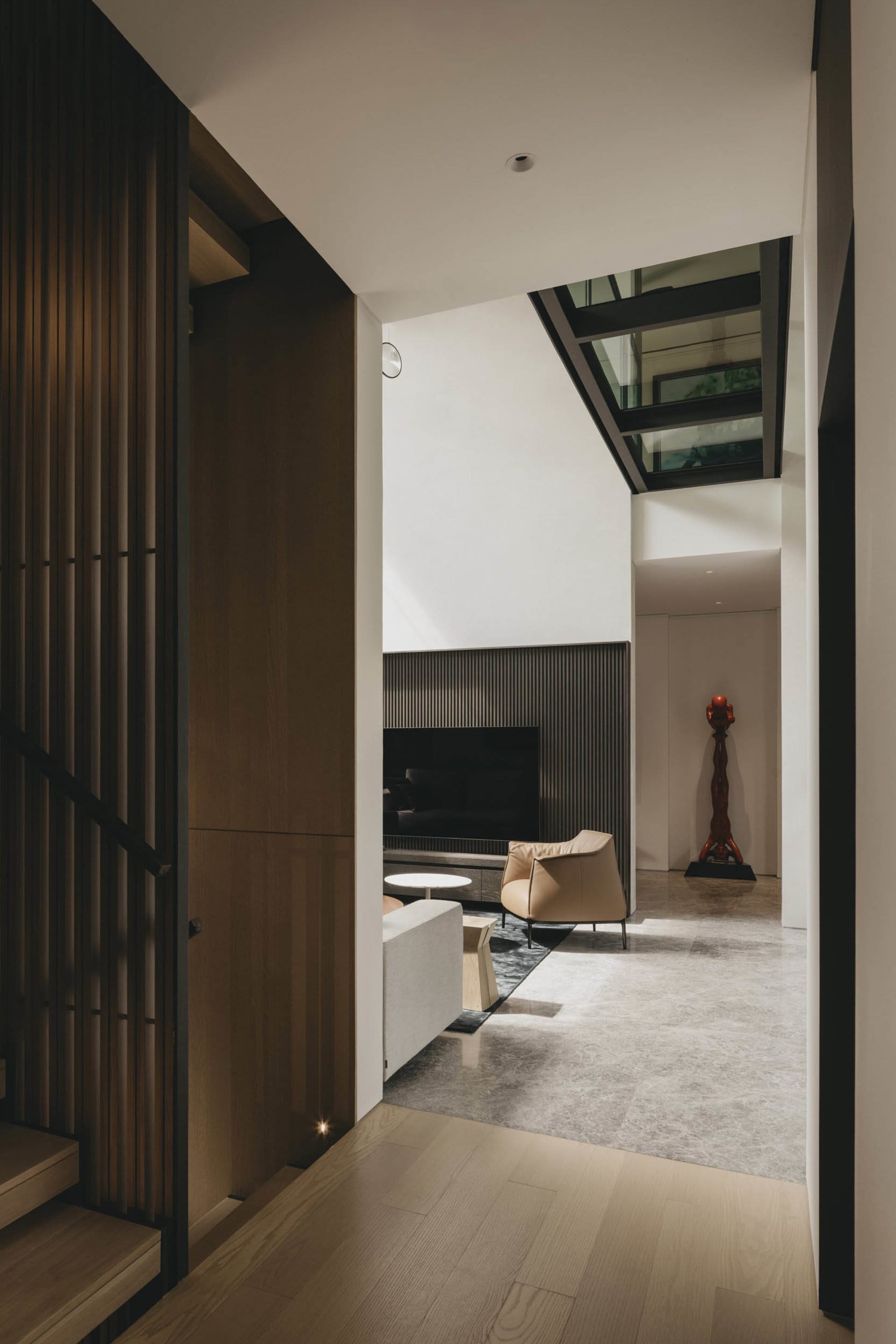 Modern living room with wood accents and minimalist design