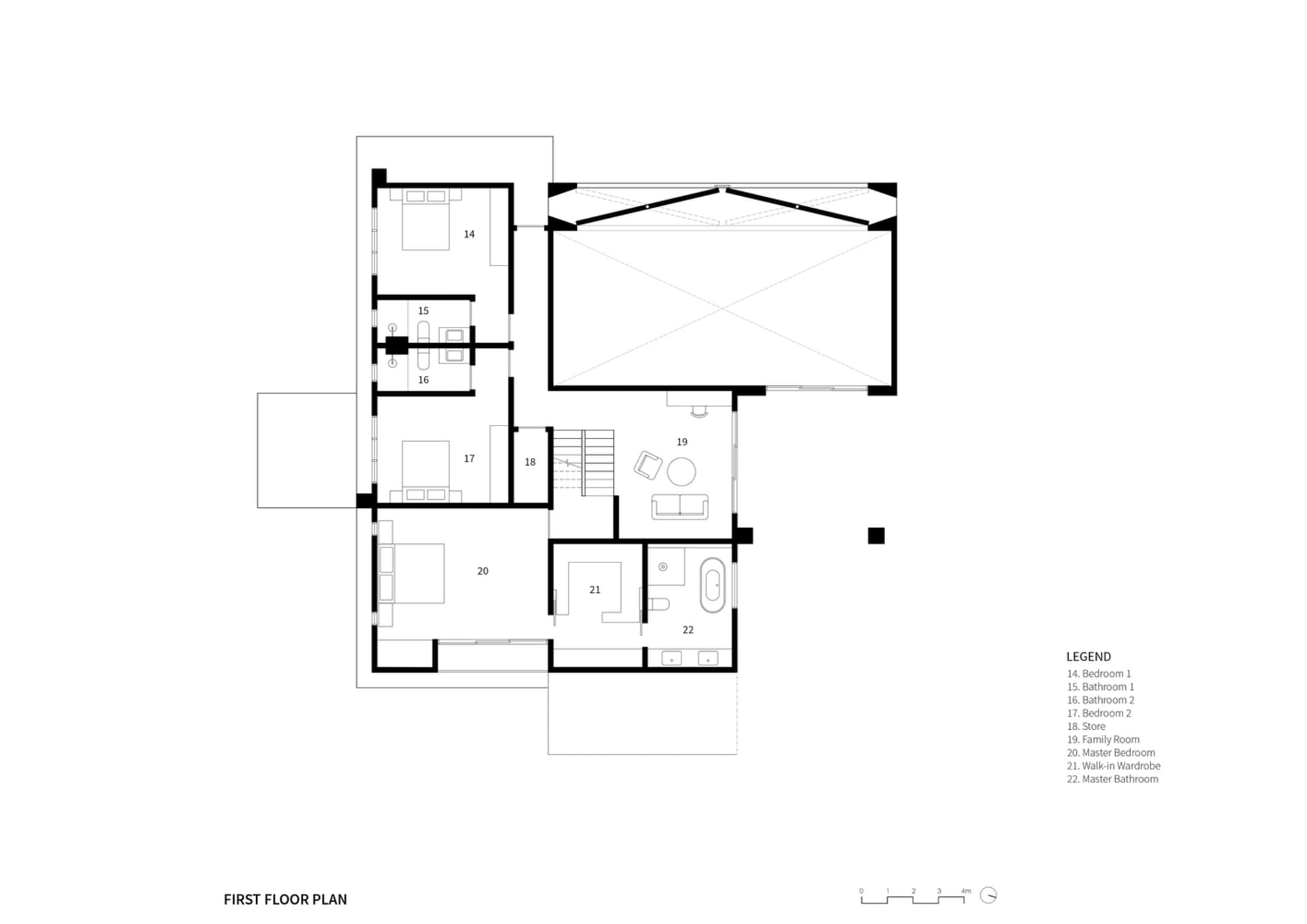 現代住宅建築的平面圖，採用混凝土材質。