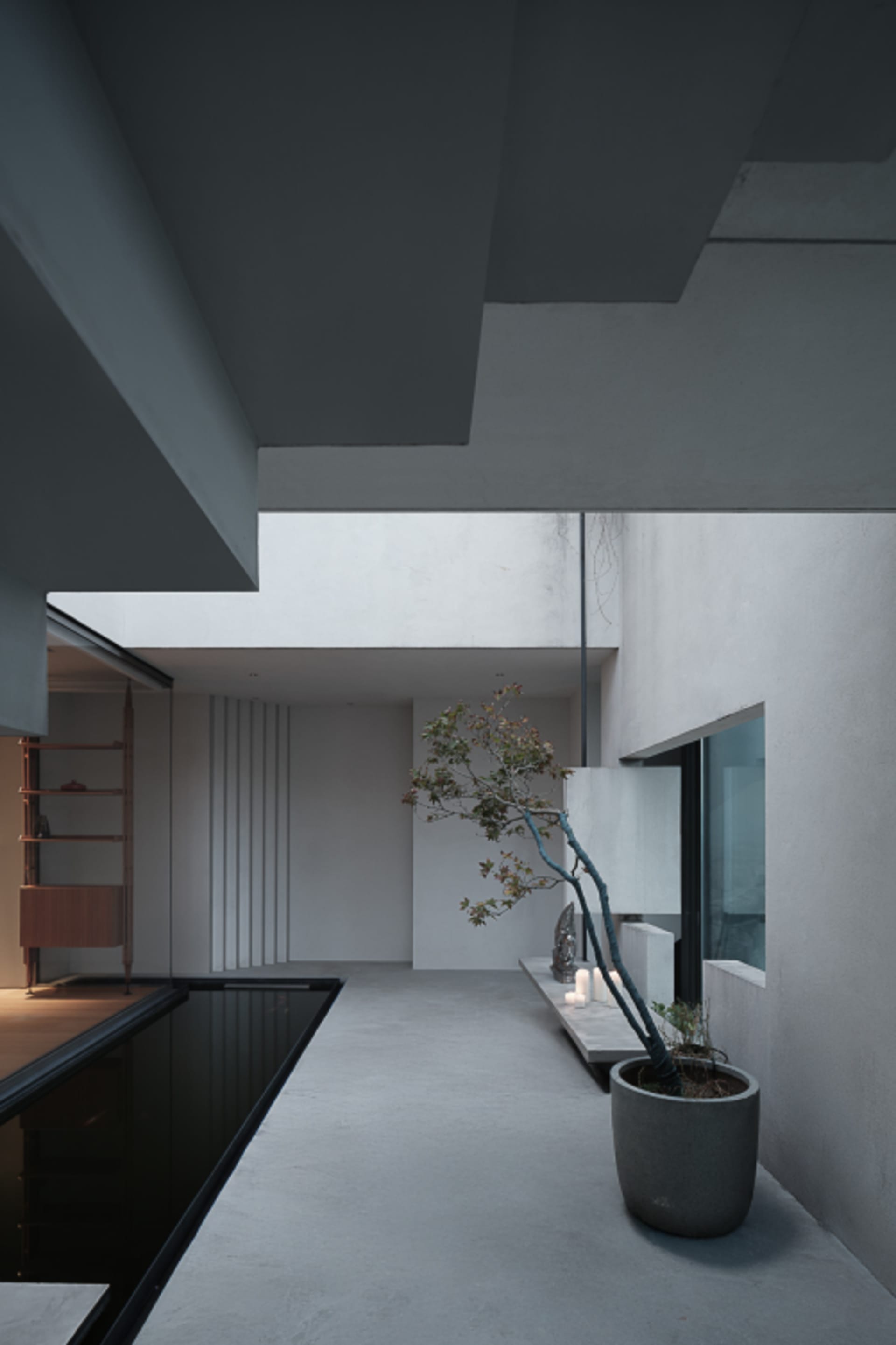 Minimalist living space with concrete walls, floor, and ceiling, featuring a potted plant and a bench.
