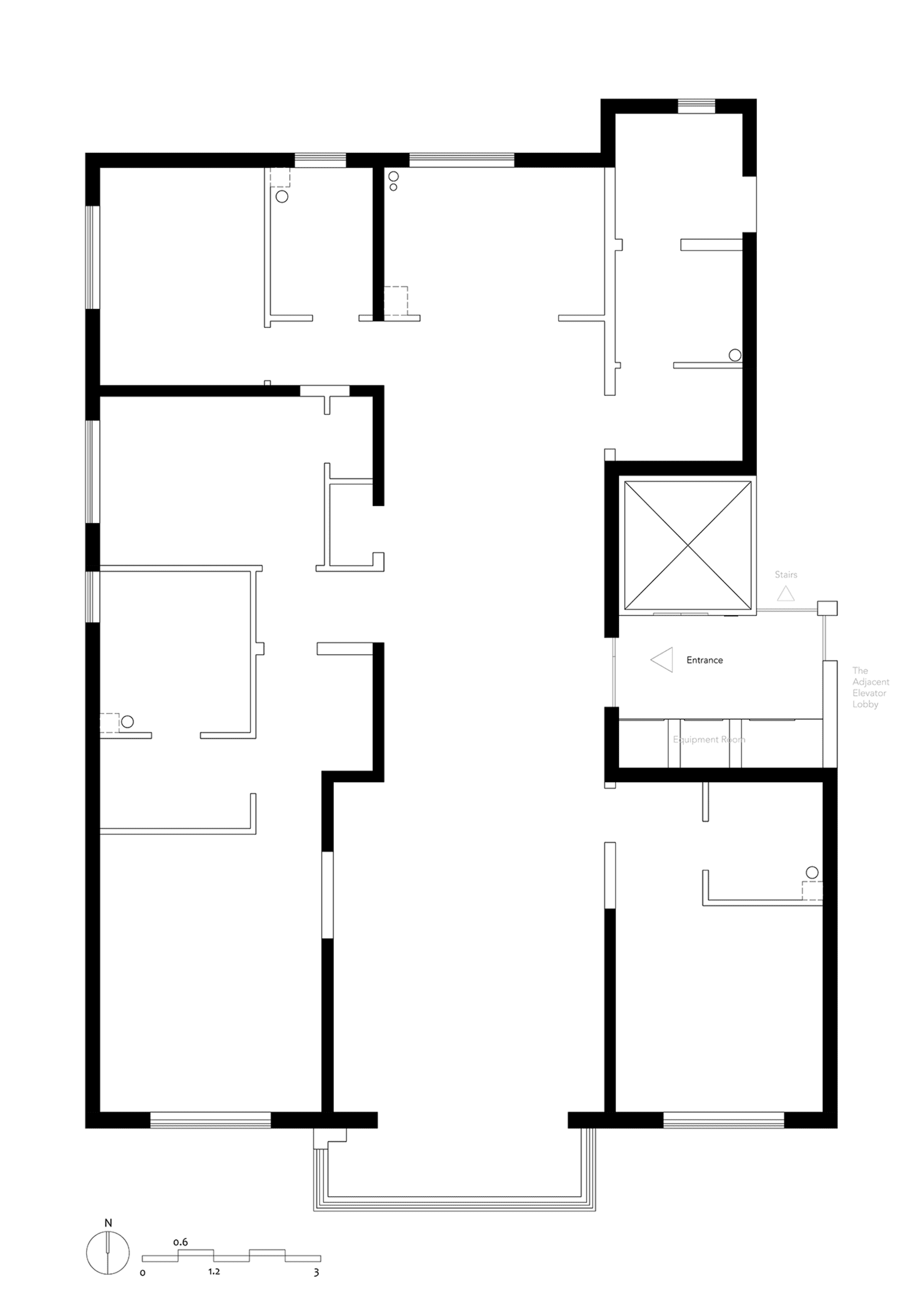 Modern office layout with concrete and steel construction elements.