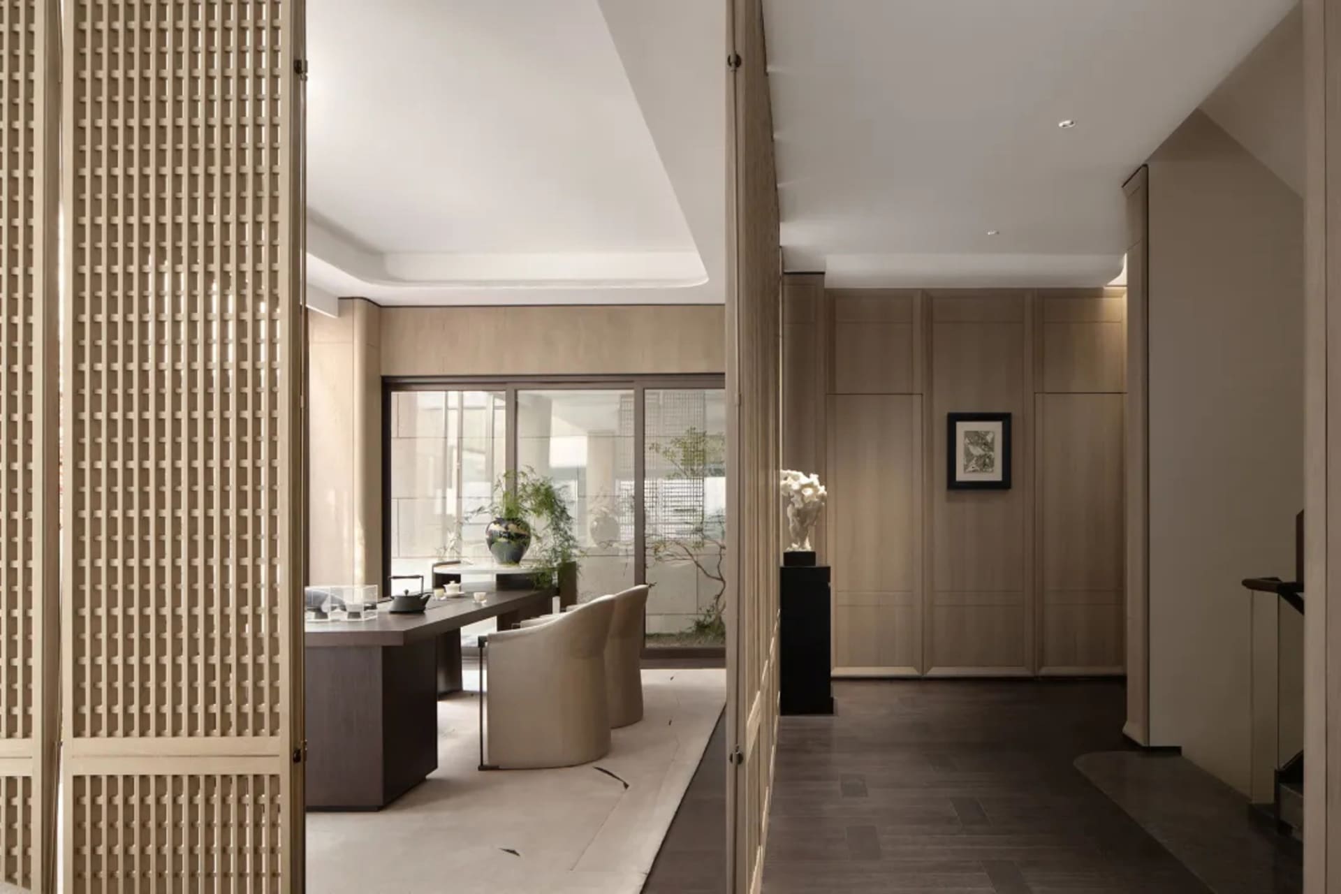 Modern office interior with wooden panels and contemporary furniture.