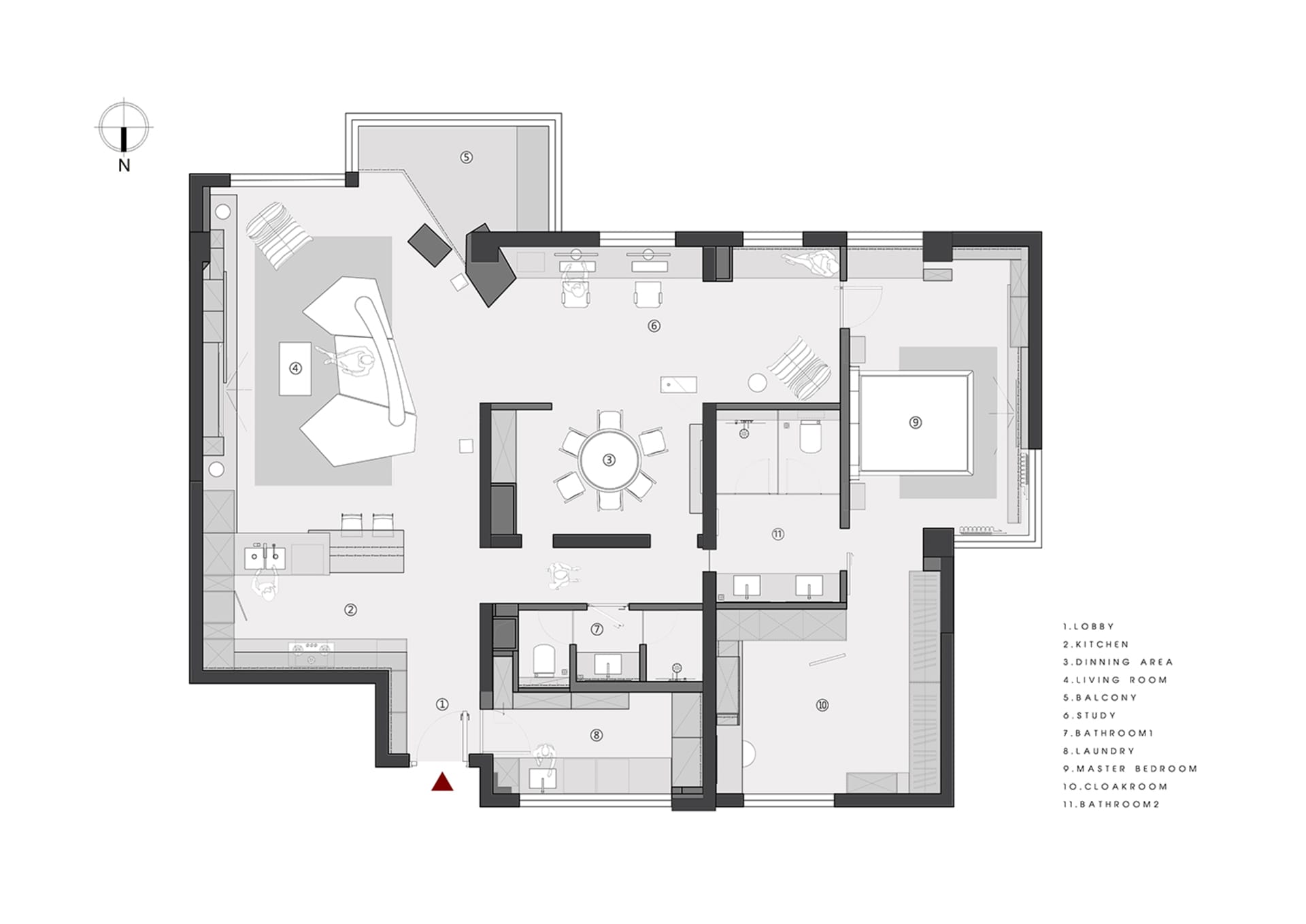Detailed 2D architectural drawing of a residential floor plan, featuring different rooms and their layout.