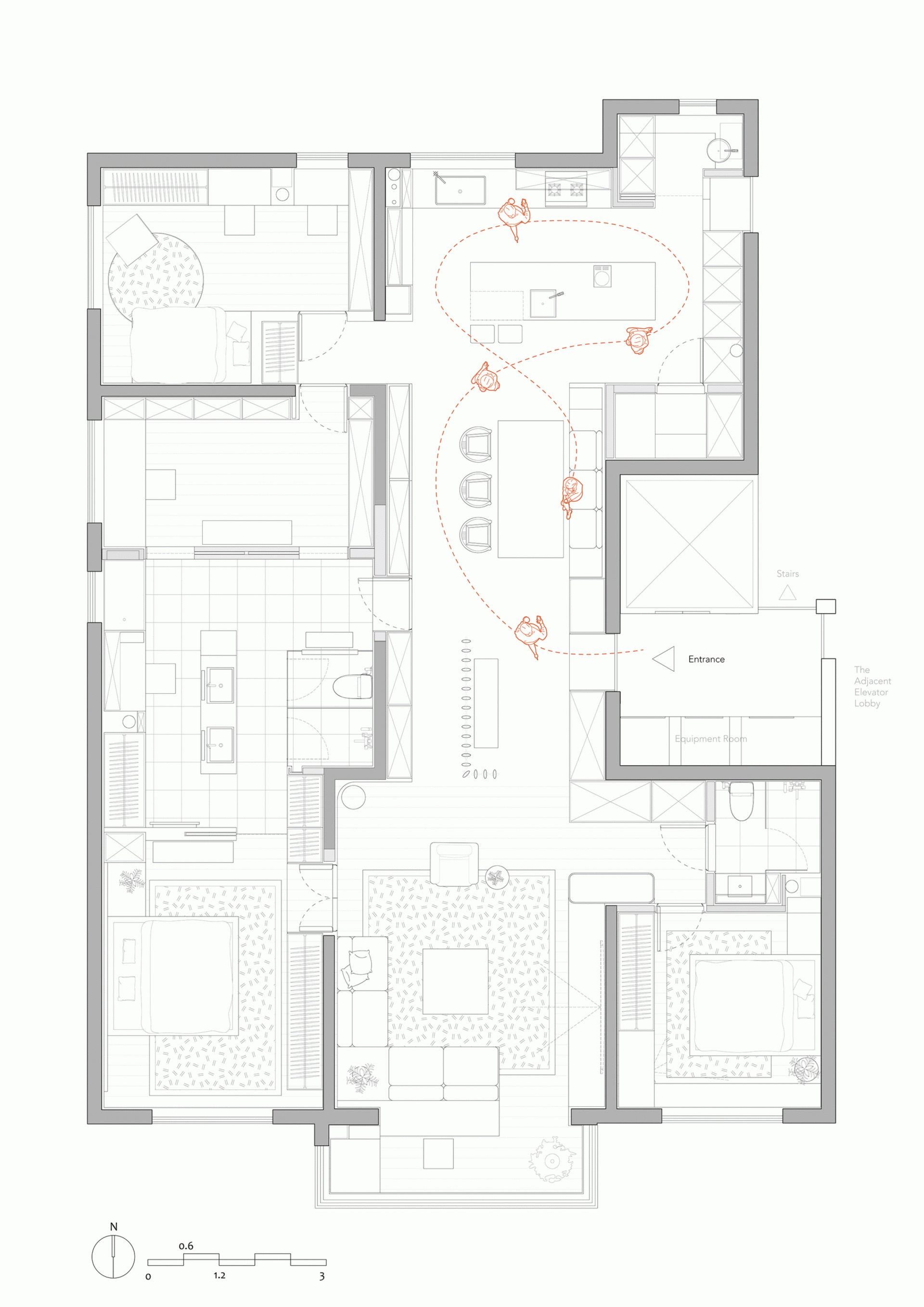 Minimalist residential space with living, dining, and kitchen areas.