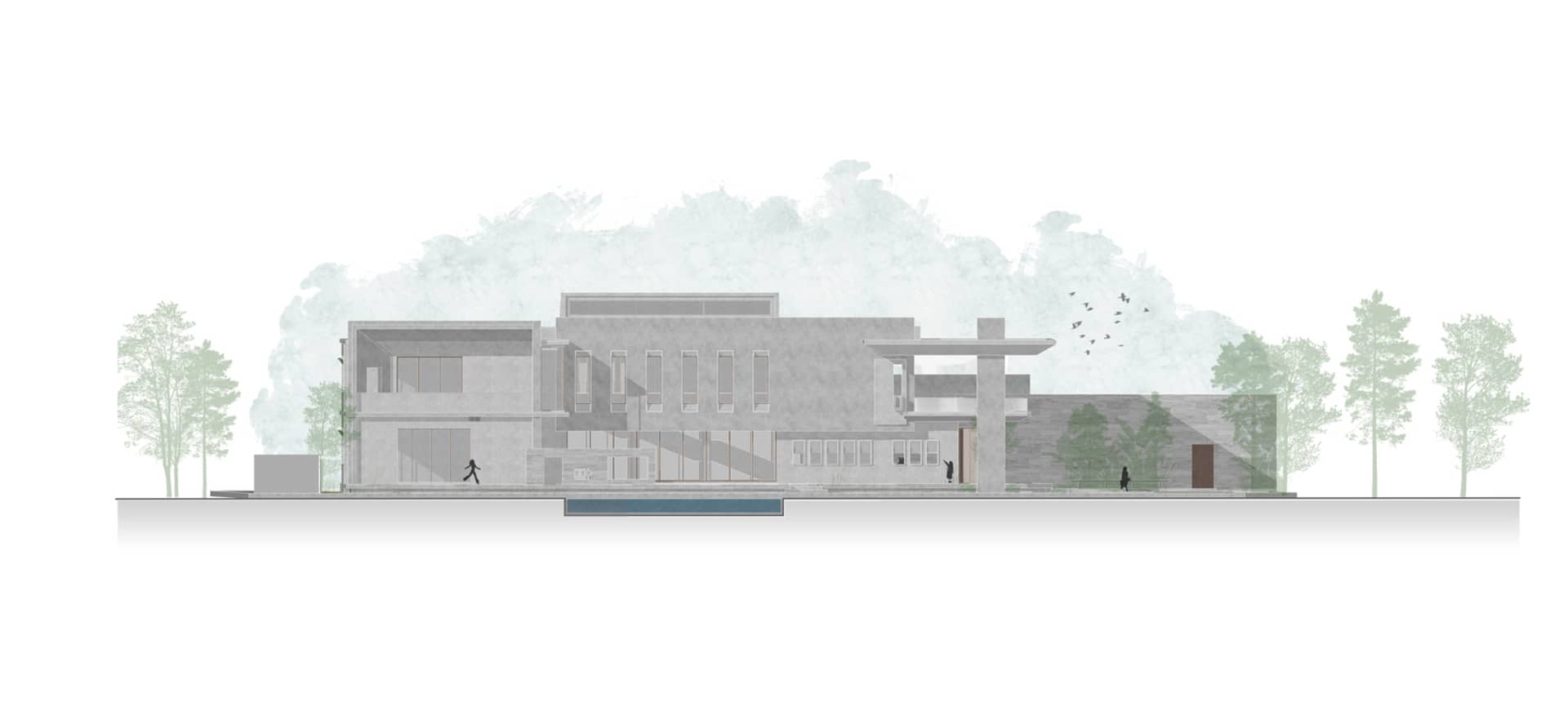 一座現代住宅建築,採用混凝土與玻璃特色設計。