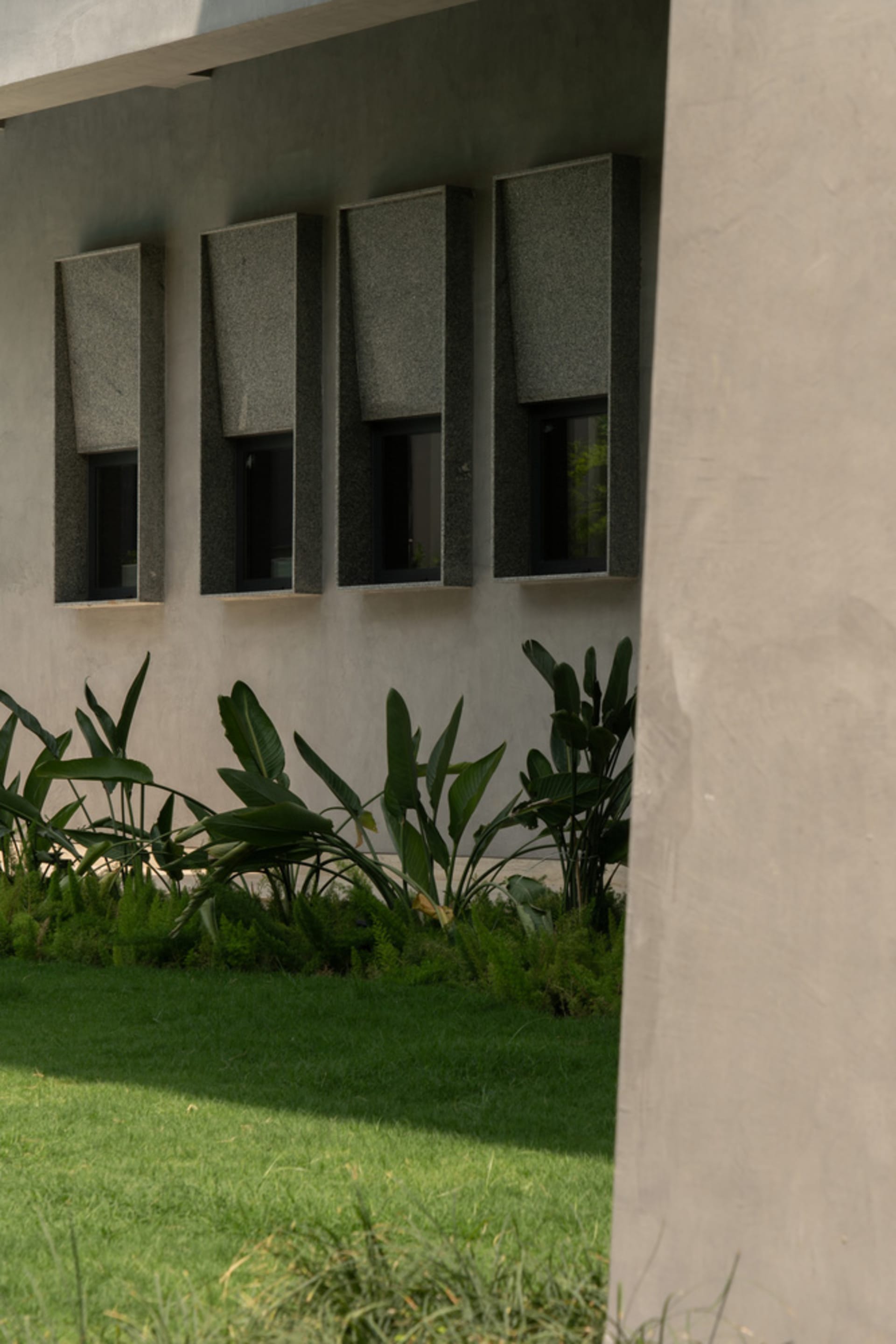 Modern architectural windows set in a concrete wall, surrounded by greenery and grass.