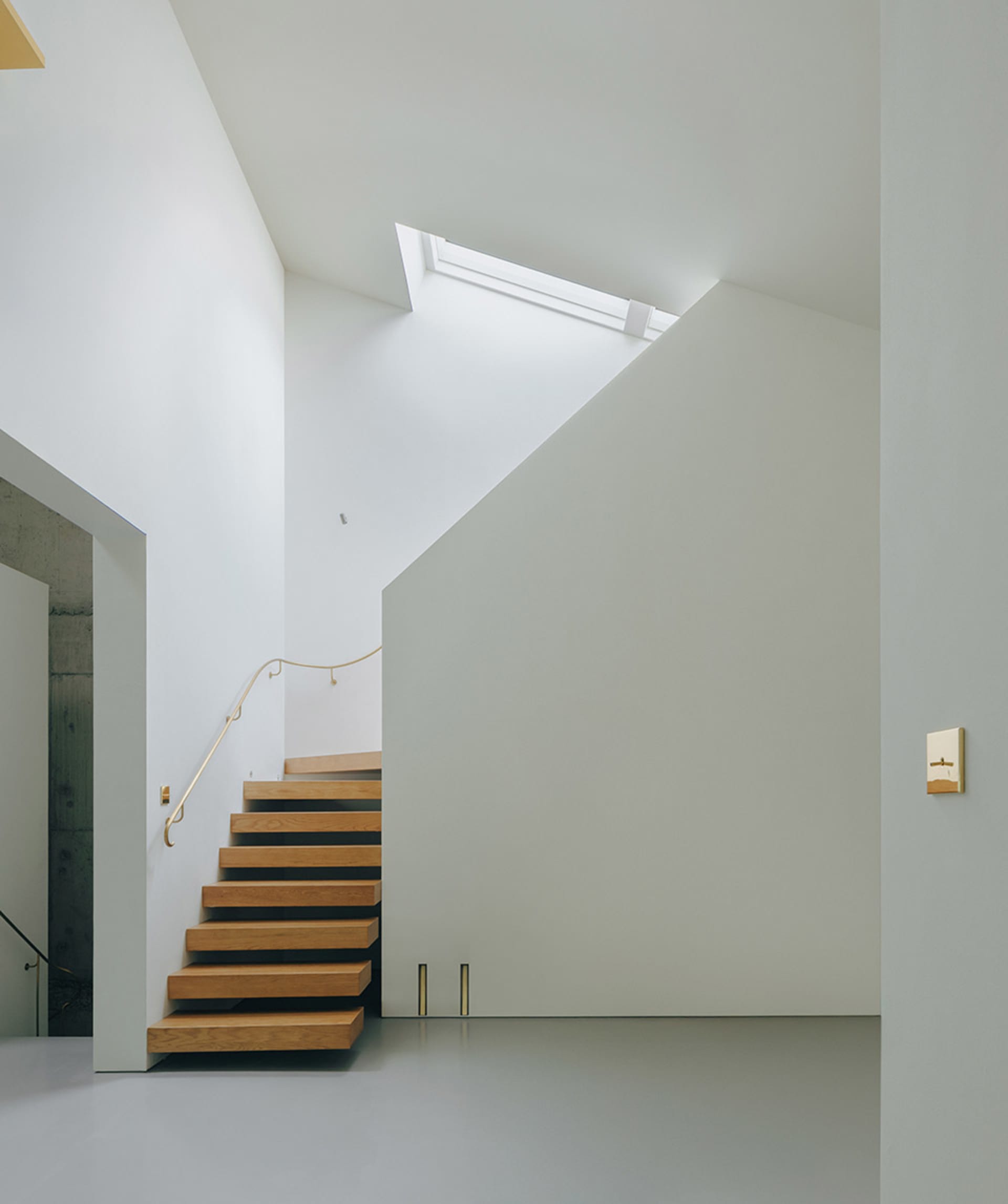 Modern interior with a staircase featuring concrete walls, wooden steps, and concrete steps illuminated by a skylight with a