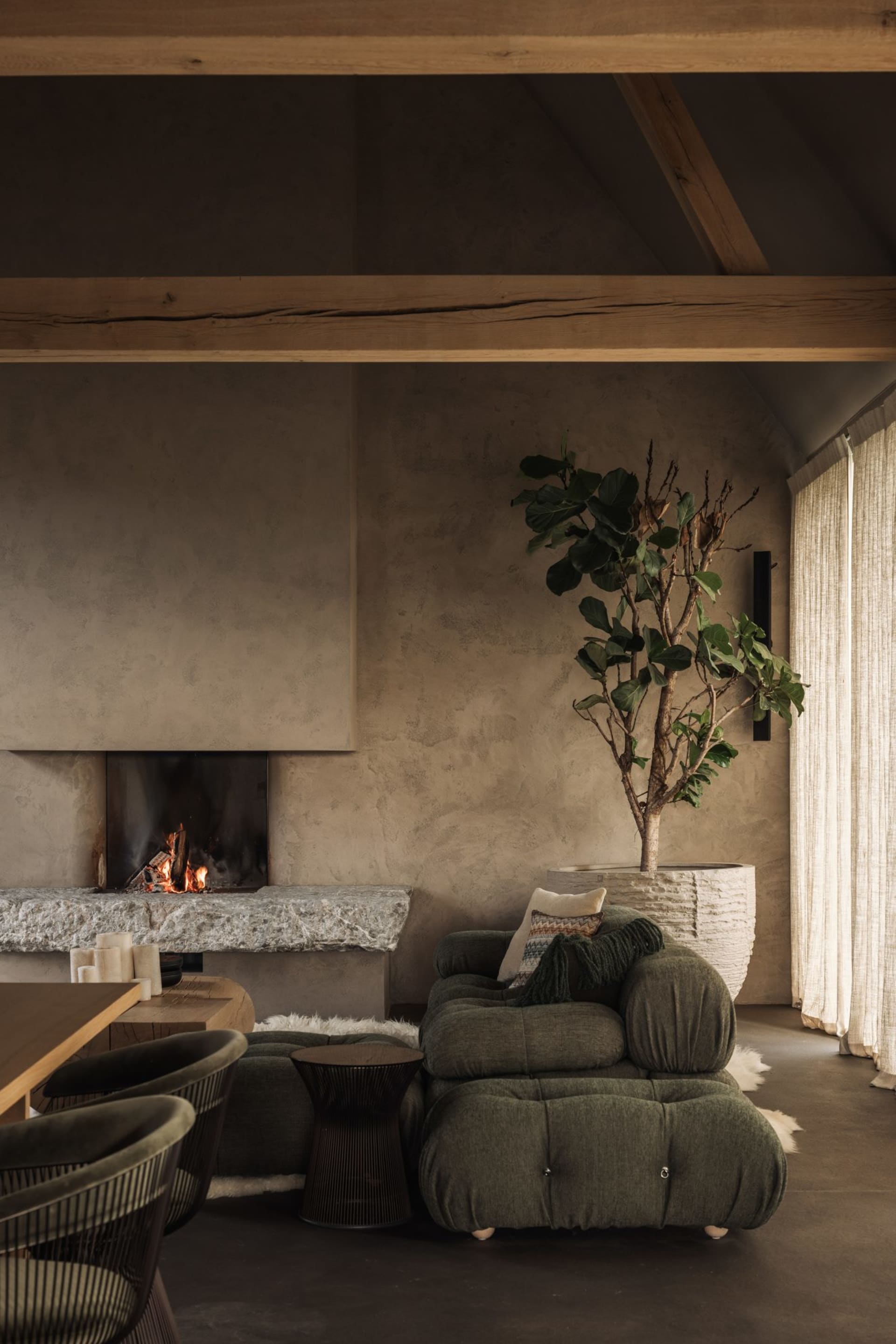A modern living room with a concrete fireplace, green armchairs, and a large indoor plant.