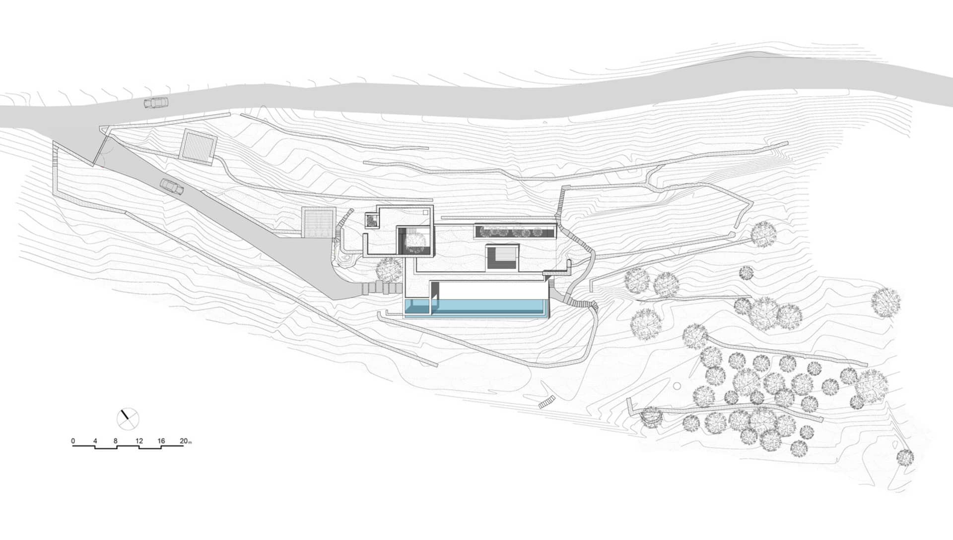 A minimalist architectural floor plan featuring a modern design with clean lines and open spaces.