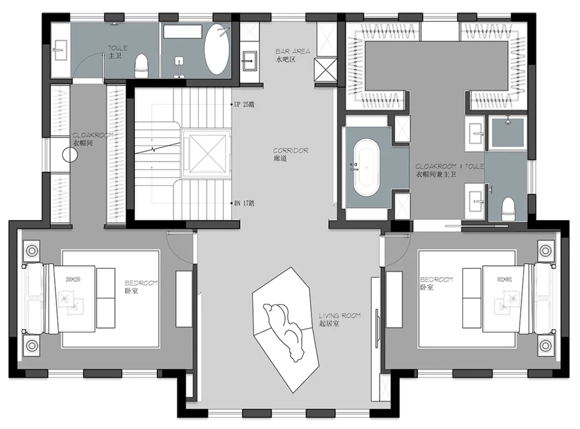 Modern residential layout with minimalist design, featuring grey tones and a contemporary floor plan.