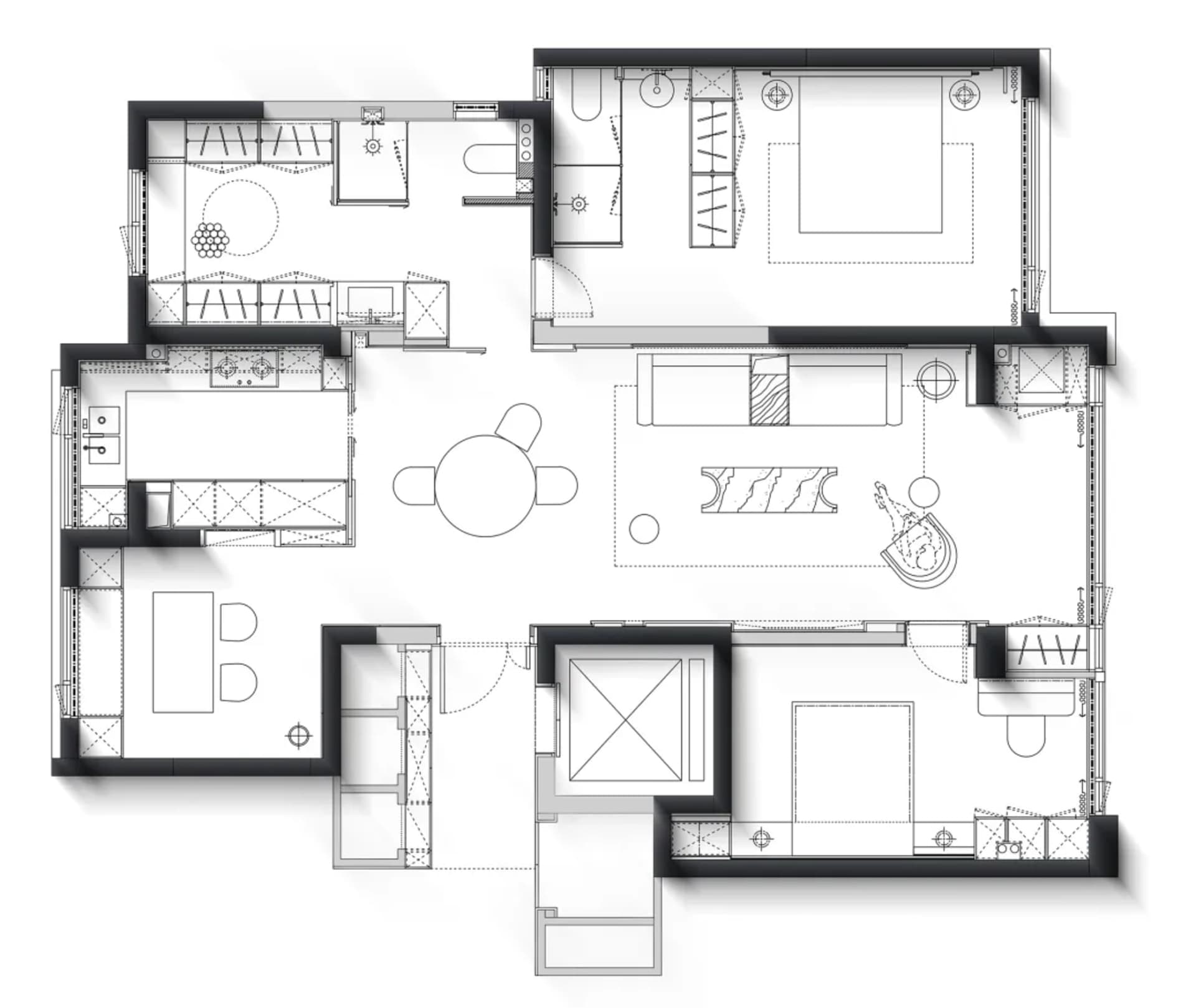 Floor plan of a modern residential interior featuring contemporary furniture and space-saving design.