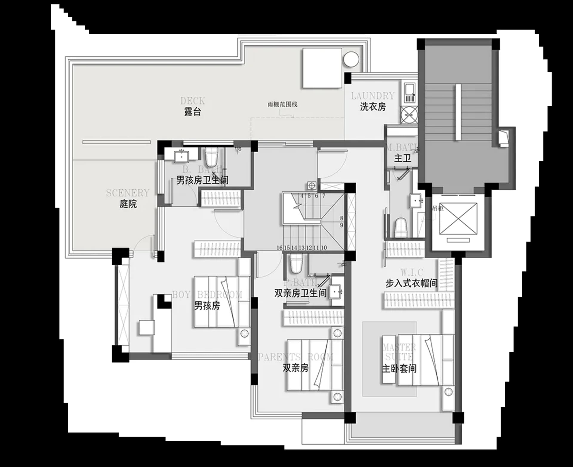 牧場風格住宅的平面圖，展示混凝土地板與瓷磚浴室